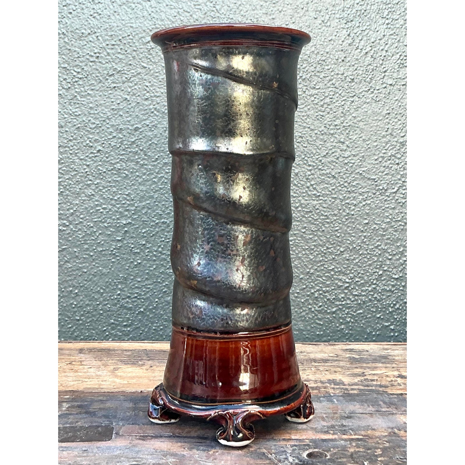 Vintage Boho Original Studio Pottery Vase - Ceramic, 4.75W x 11H - Back view