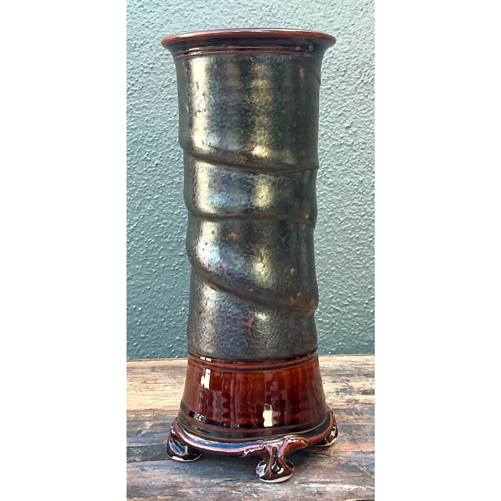 Vintage Boho Original Studio Pottery Vase - Ceramic, 4.75W x 11H - Top view