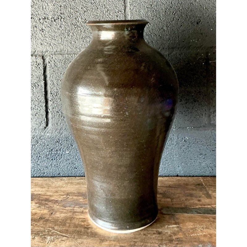 Vintage Boho Studio Pottery Vase - Ceramic, 9.5W x 16H - Side view