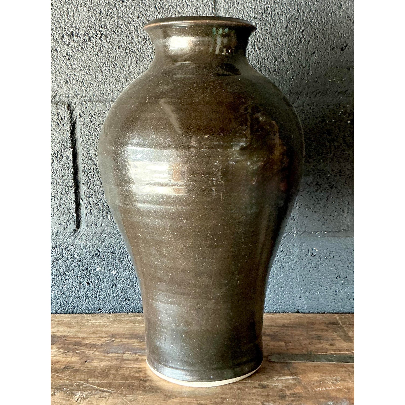 Vintage Boho Studio Pottery Vase - Ceramic, 9.5W x 16H - Back view