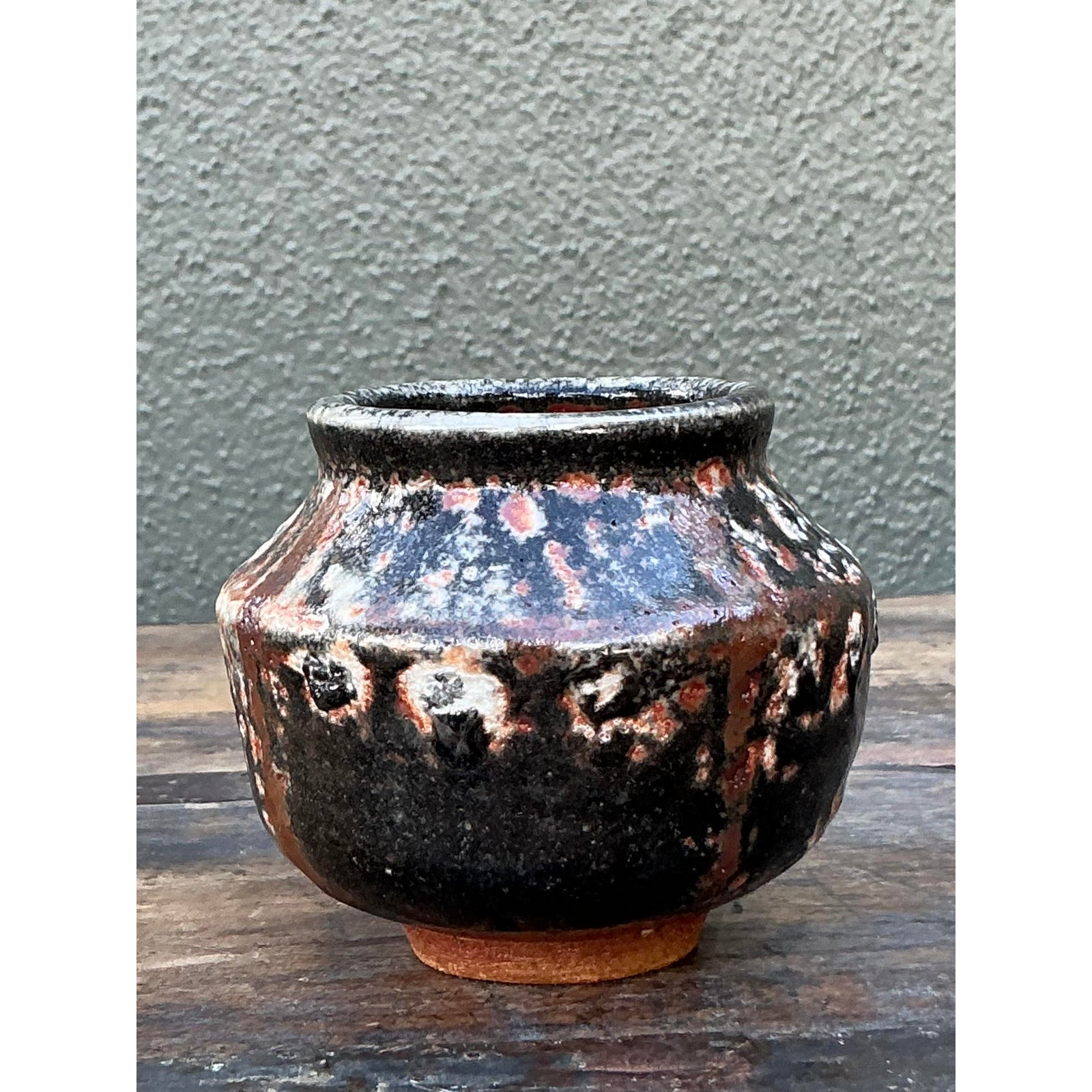 Vintage Boho Original Studio Pottery Small Vase - Ceramic, 3.75W x 3.25H - Back view