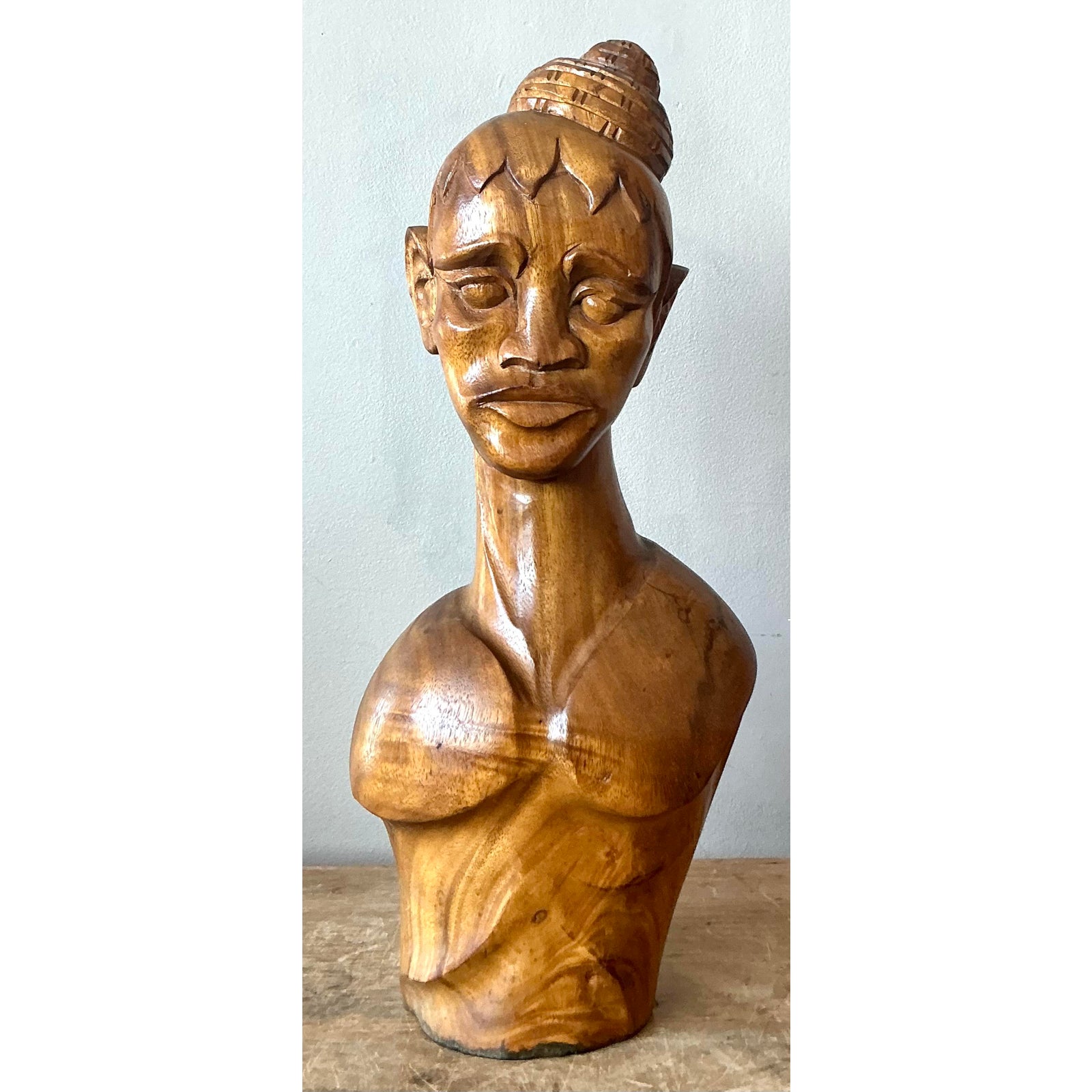 Vintage Boho Carved Wooden Bust of Woman - Top view