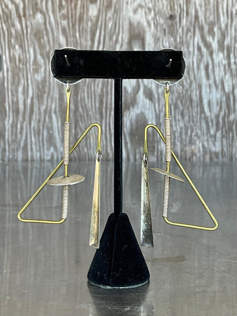 Vintage Abstract Mixed Metal Dangle Earrings - Side view