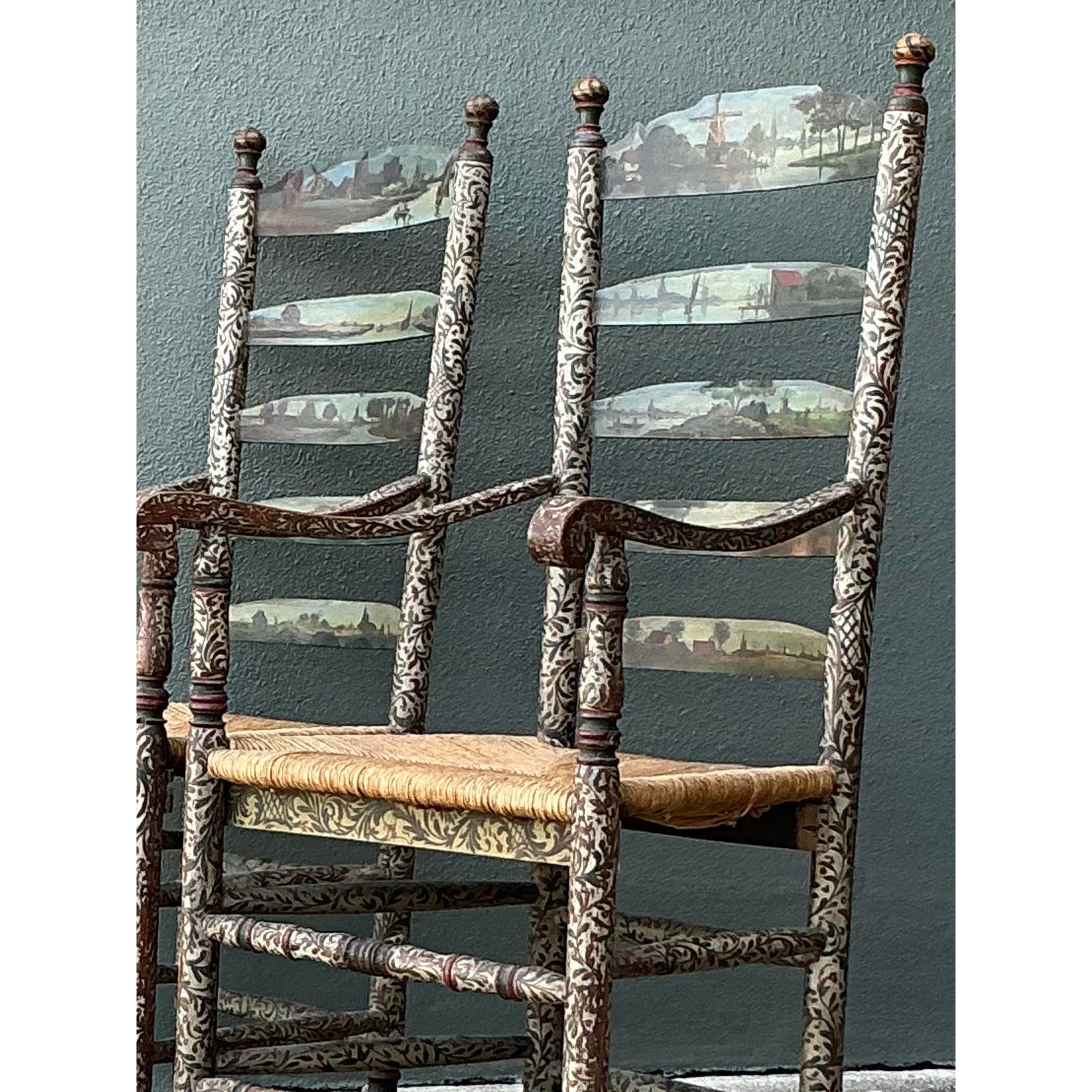 Vintage Boho Hand Painted Pastoral Ladder Back Chairs - A Pair - Back view