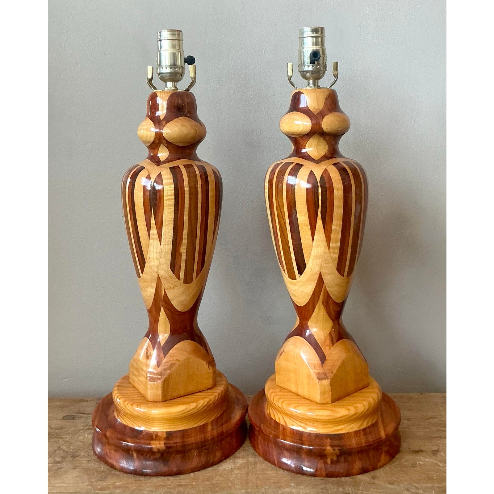 Vintage Boho Marquetry Wood Lamps - A Pair - Back view
