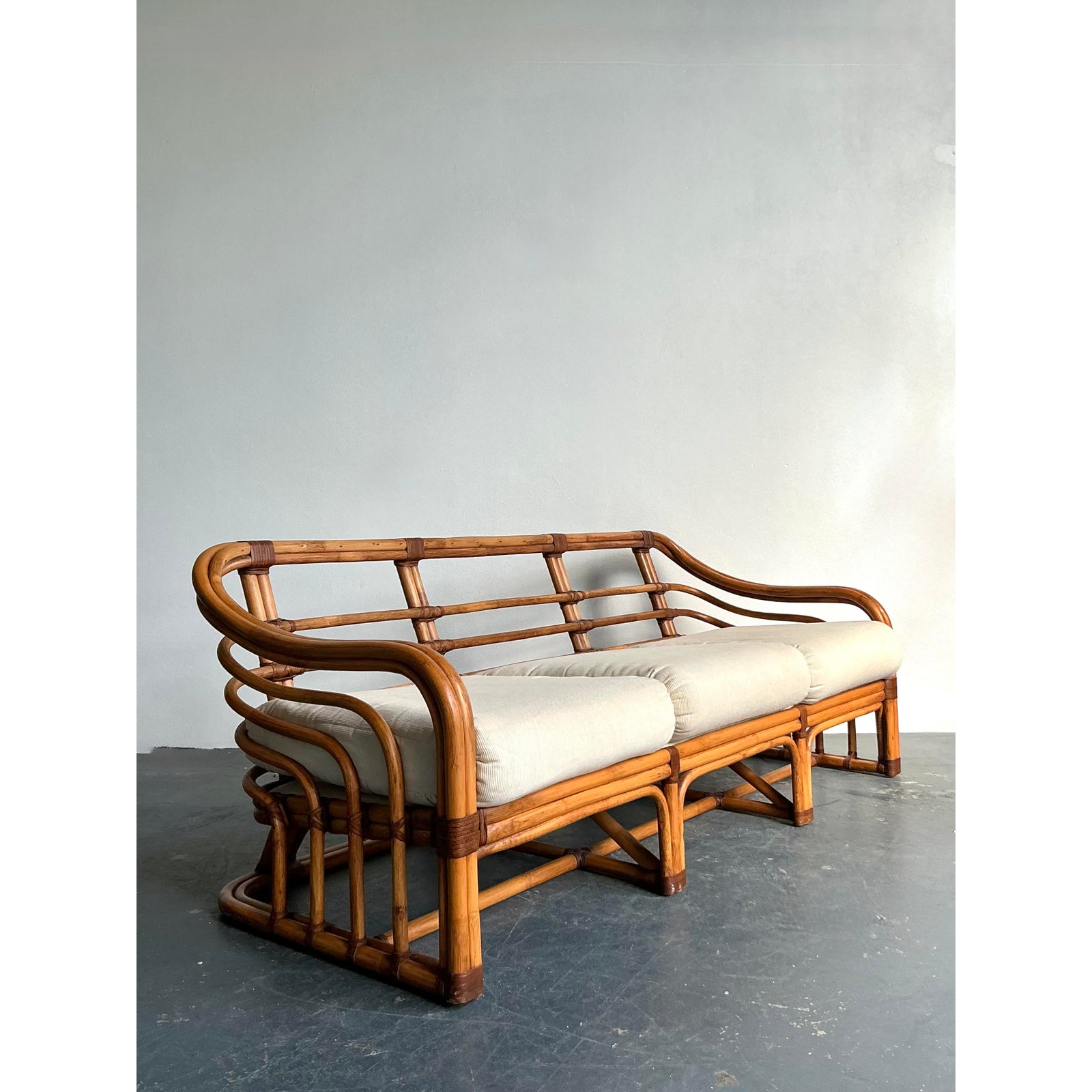 Vintage Boho Brown Jordan Bent Rattan Sofa - Side view