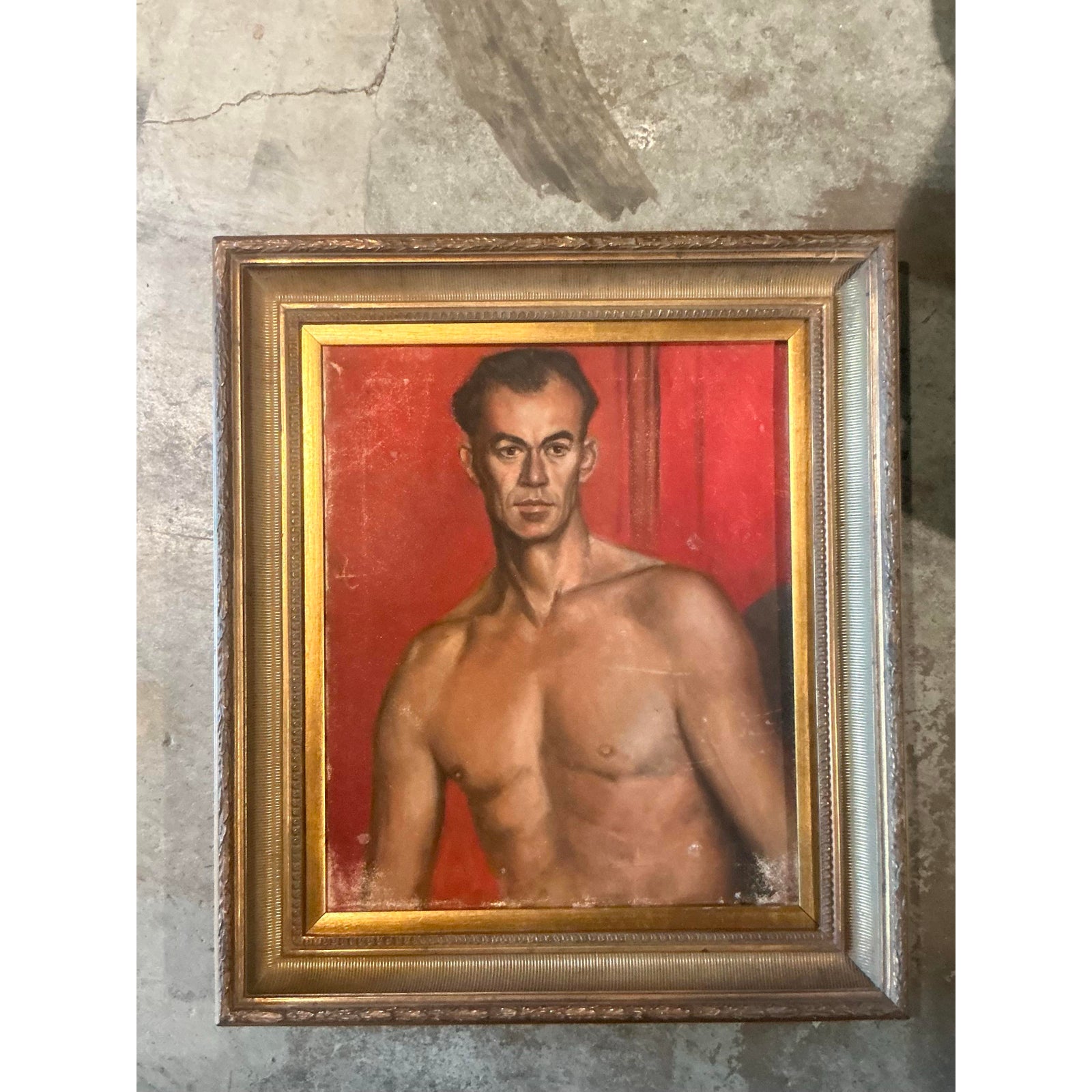 Vintage Boho Original Oil Portrait of Man - Canvas, 27.75W x 31.5H - Top view