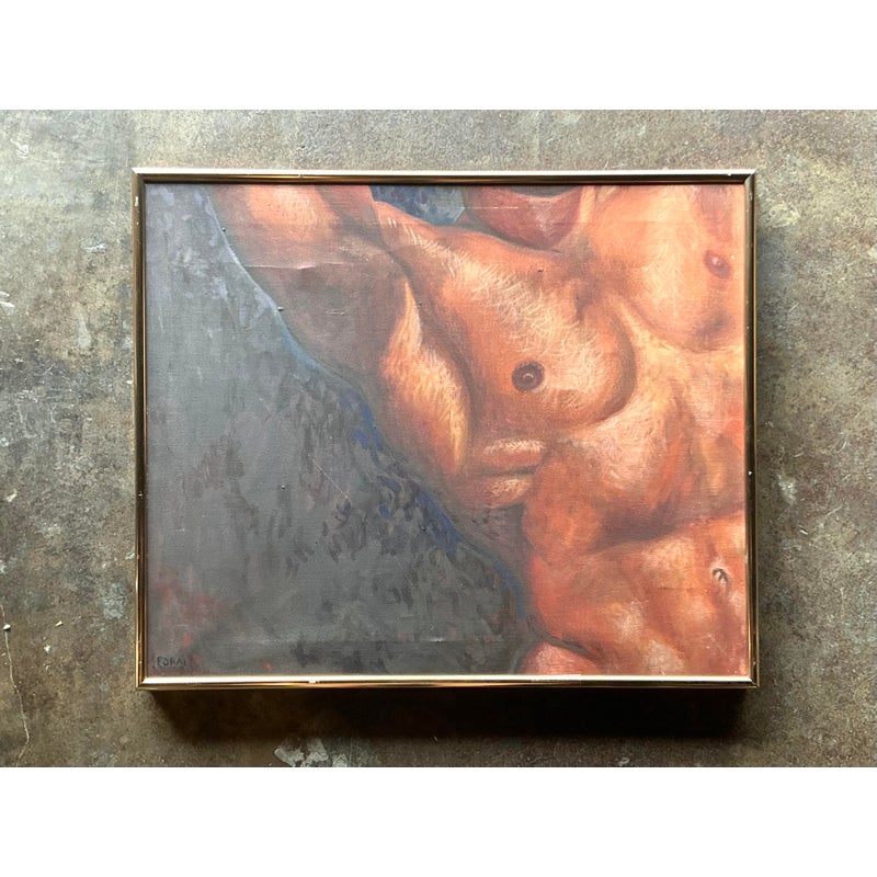 Vintage Boho Original Oil Canvas of Male Torso - Detail view