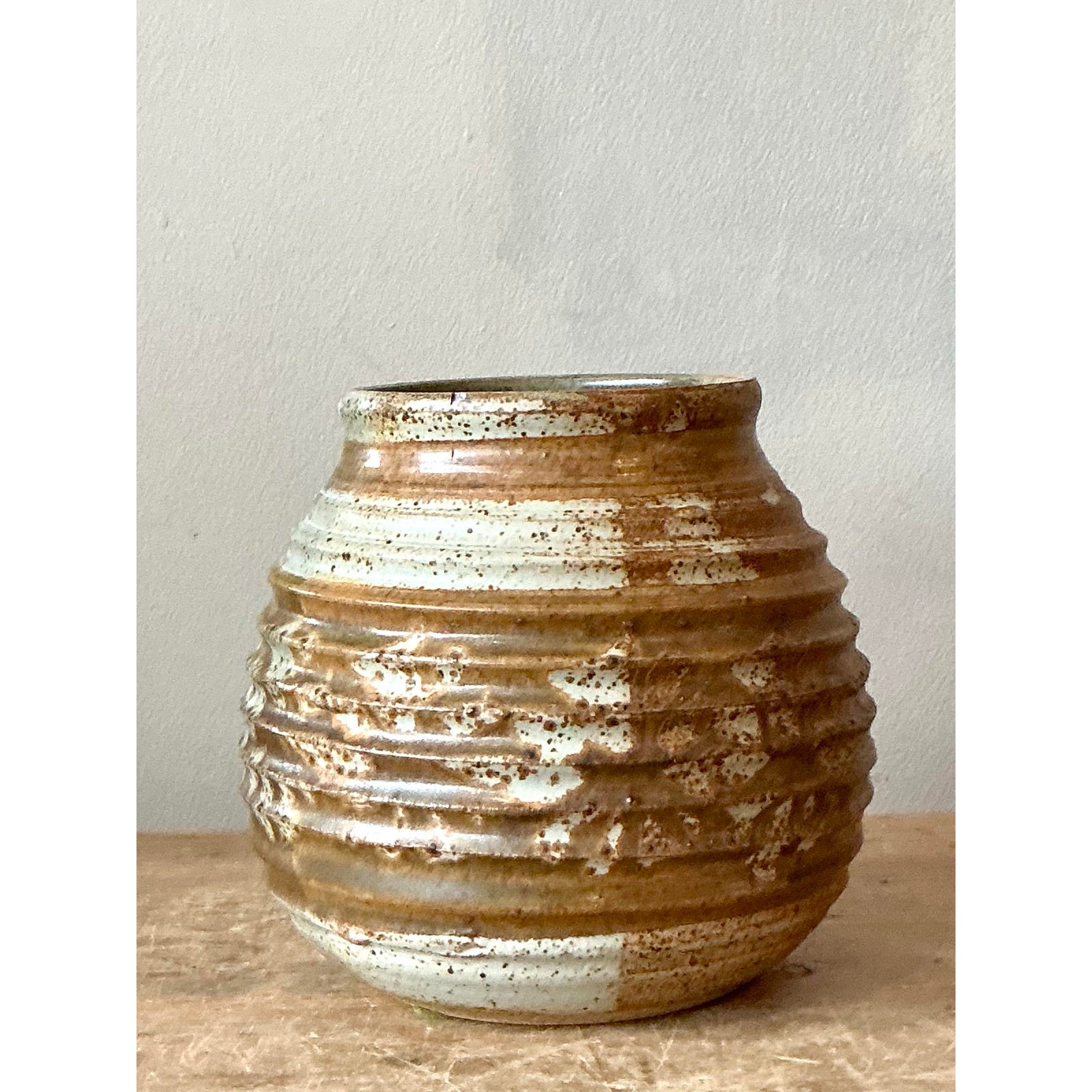 Vintage Boho Ribbed Studio Pottery Vase - Ceramic, 5.75W x 6H - Back view