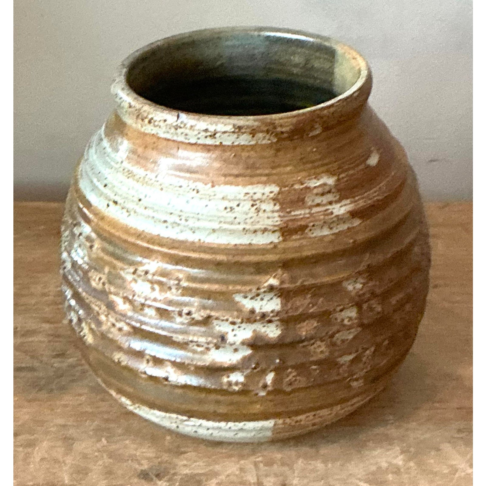 Vintage Boho Ribbed Studio Pottery Vase - Ceramic, 5.75W x 6H - Side view
