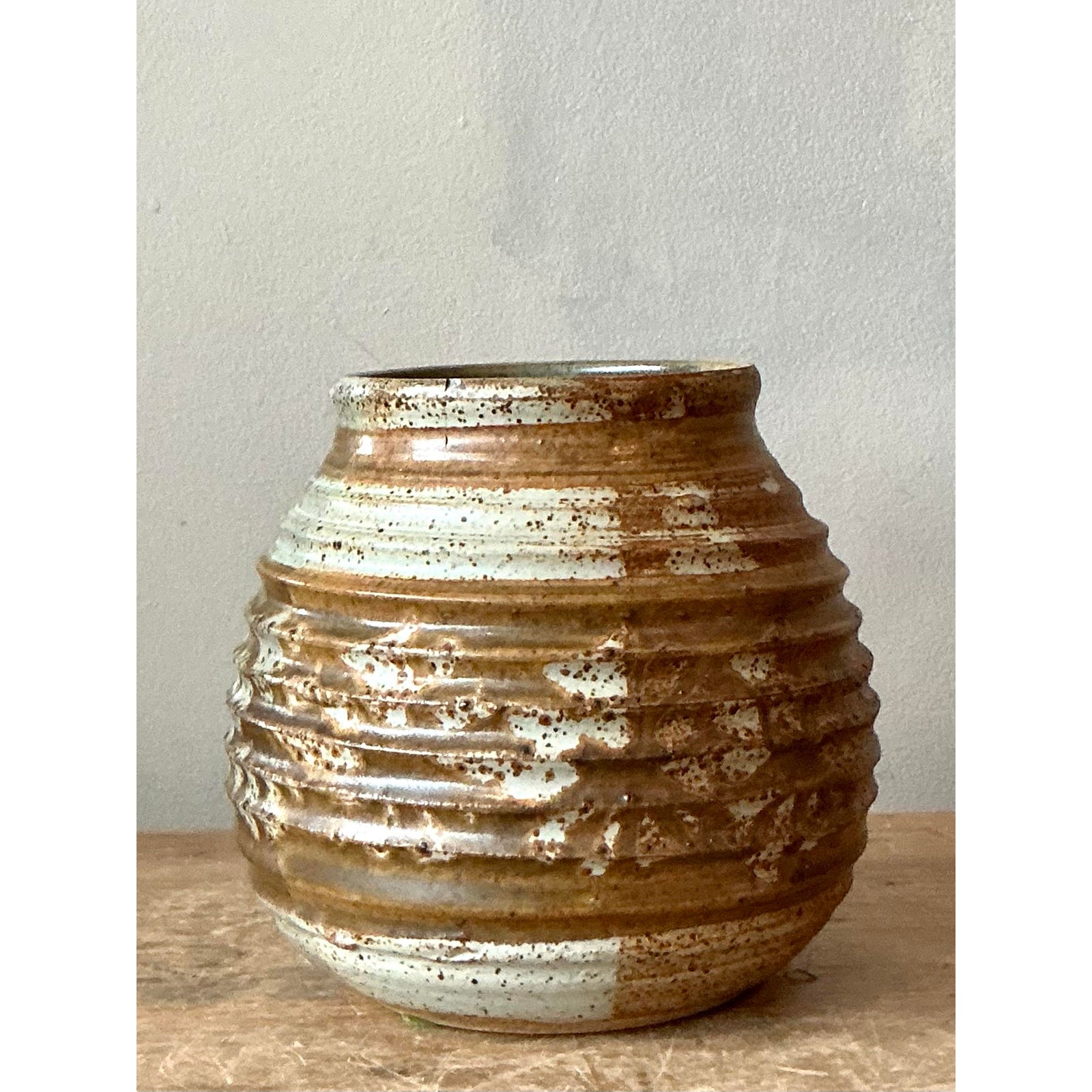 Vintage Boho Ribbed Studio Pottery Vase - Ceramic, 5.75W x 6H - Top view