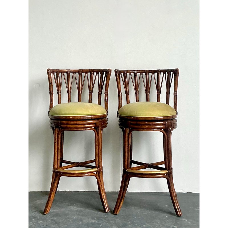Vintage Boho Bent Rattan Bar Stools - A Pair - Brass, 21.75W x 42.25H - Top view