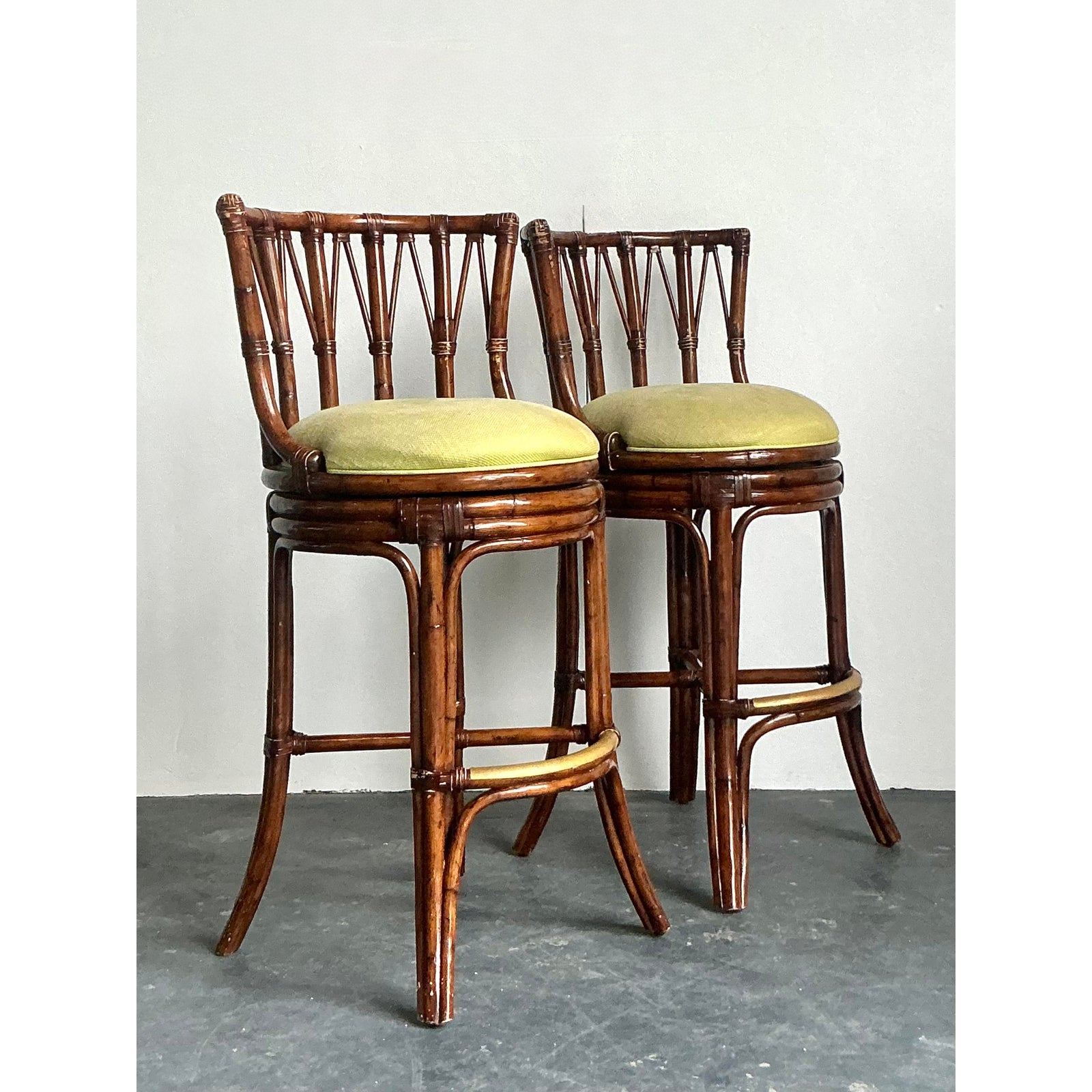 Vintage Boho Bent Rattan Bar Stools - A Pair - Brass, 21.75W x 42.25H - Detail view