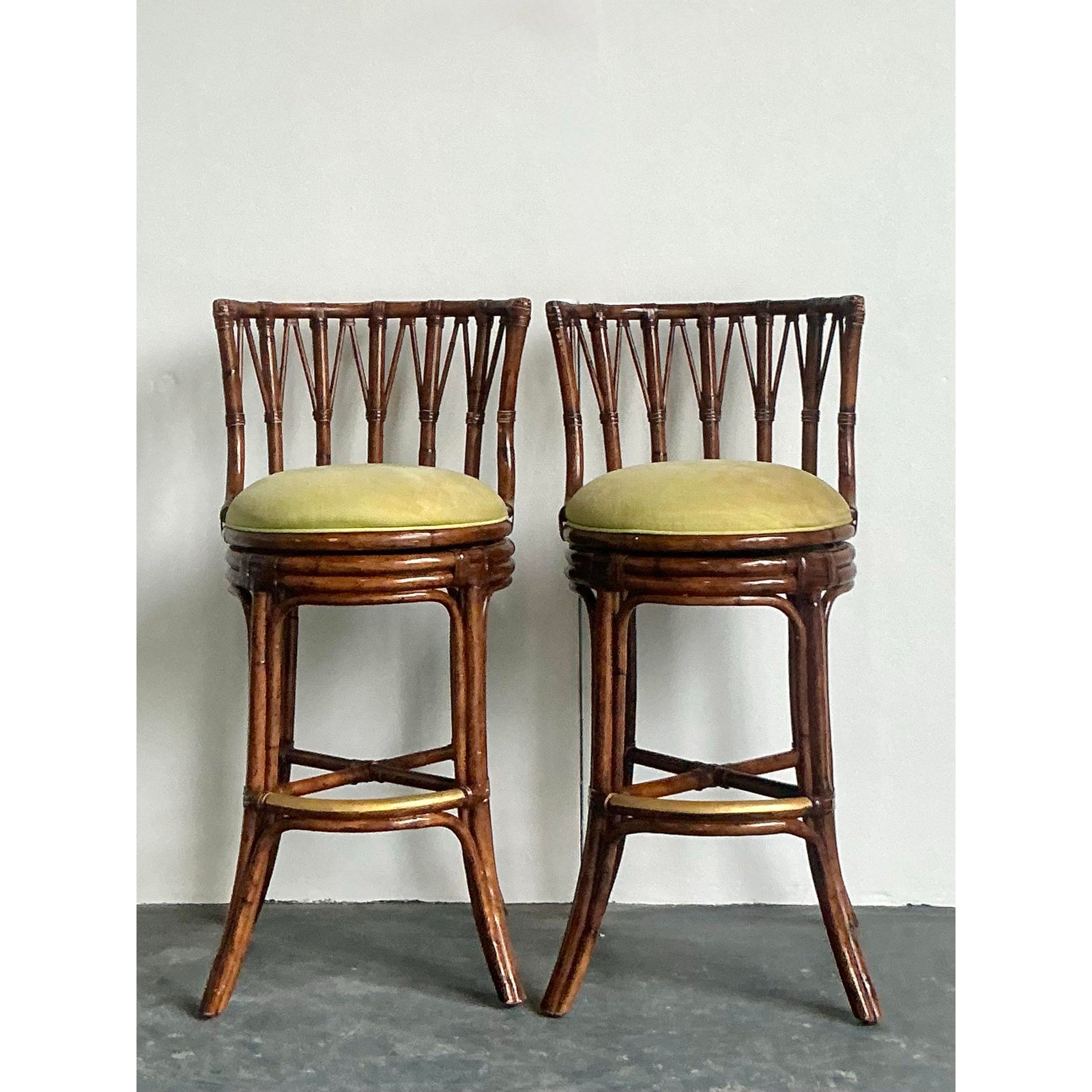 Vintage Boho Bent Rattan Bar Stools - A Pair - Brass, 21.75W x 42.25H - Side view