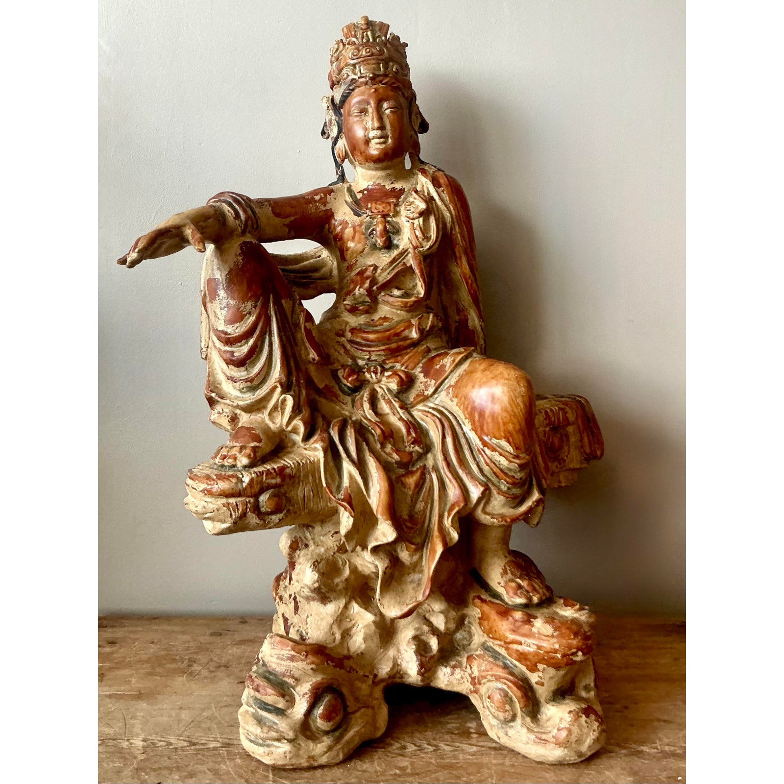 Vintage Asian Carved Wood Guanyin Statue - Back view