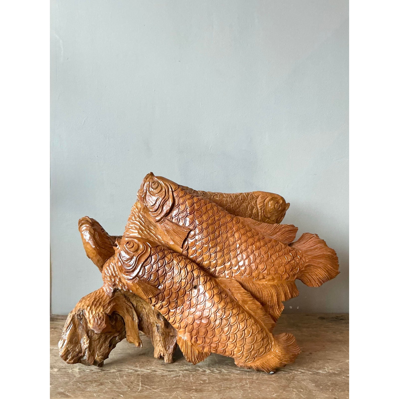 Vintage Boho Carved Trunk Koi Sculpture - Side view