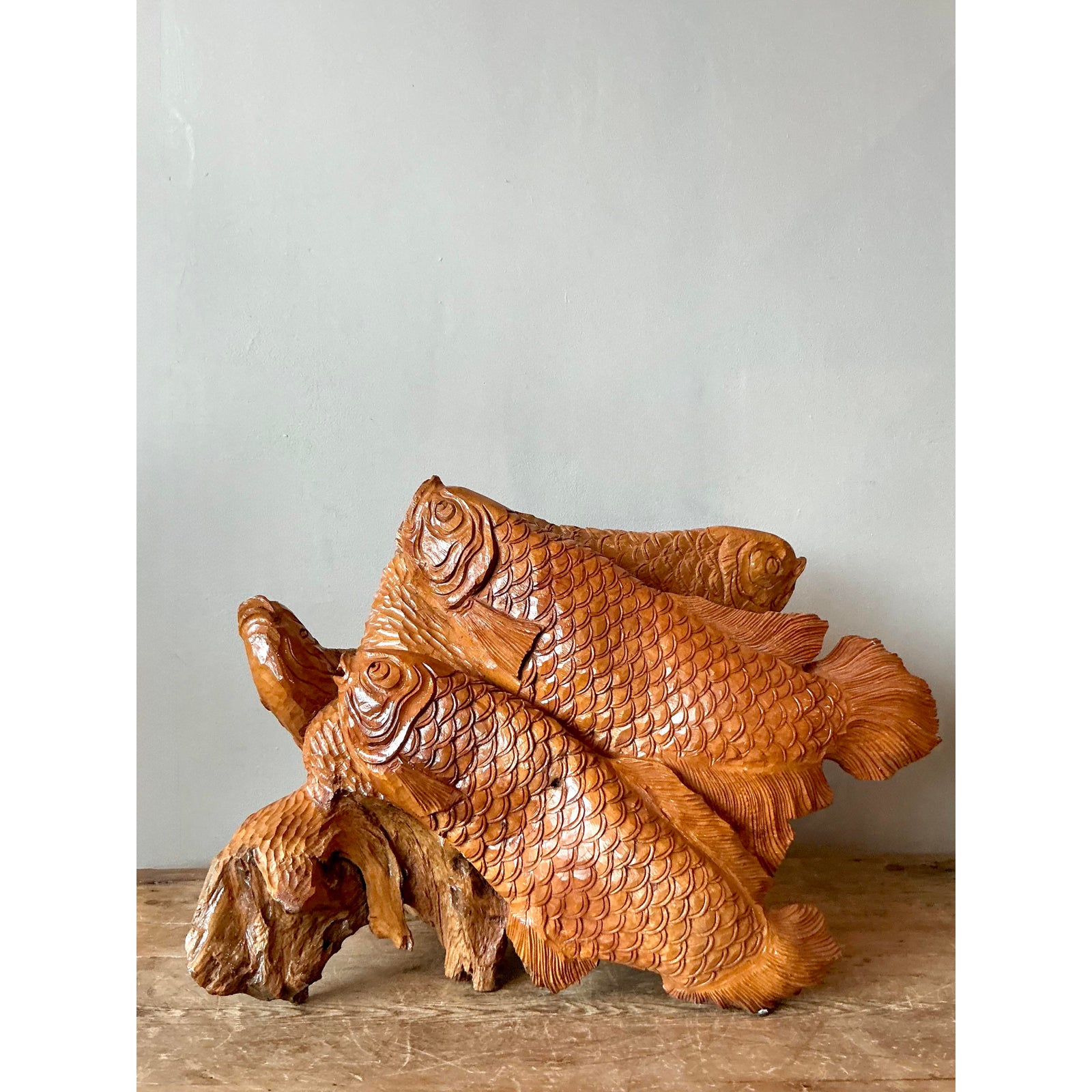 Vintage Boho Carved Trunk Koi Sculpture - Back view