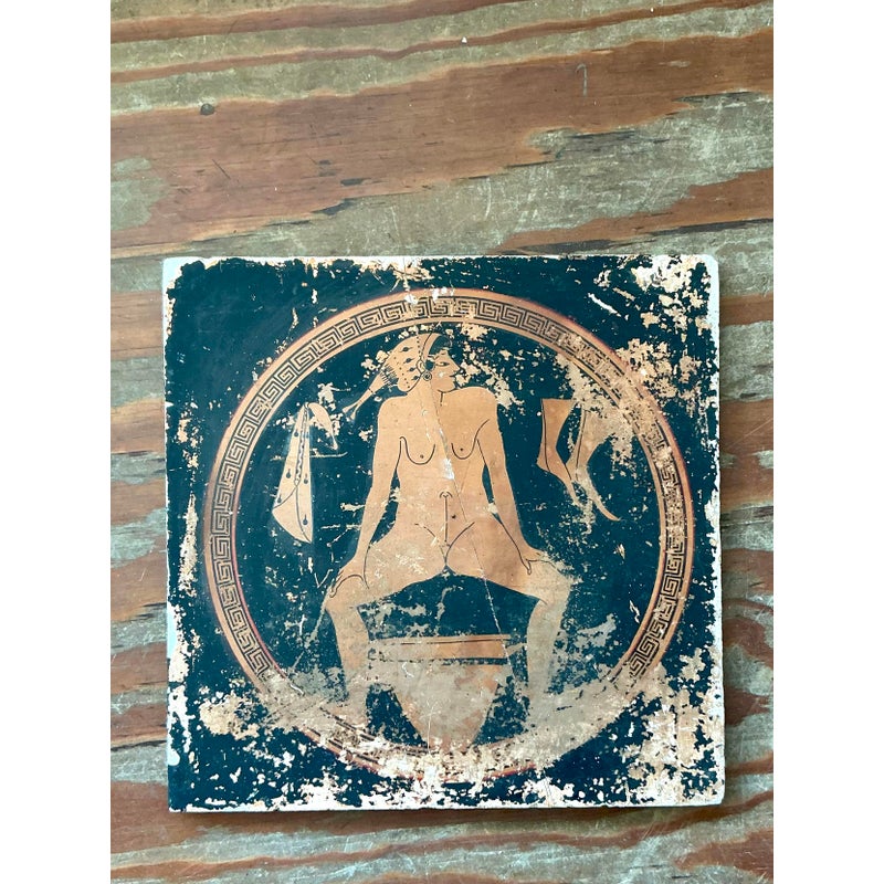 Vintage Neoclassical Greek Erotic Art Distressed Plaster Panel - Wood, 14.25W x 14.25H - Detail view