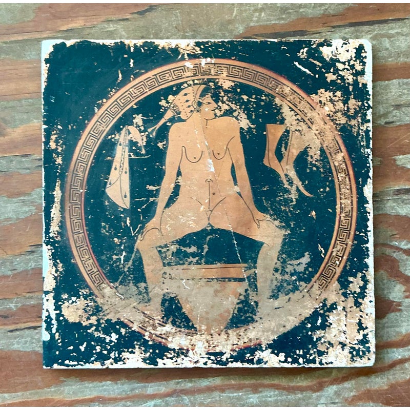 Vintage Neoclassical Greek Erotic Art Distressed Plaster Panel - Wood, 14.25W x 14.25H - Side view