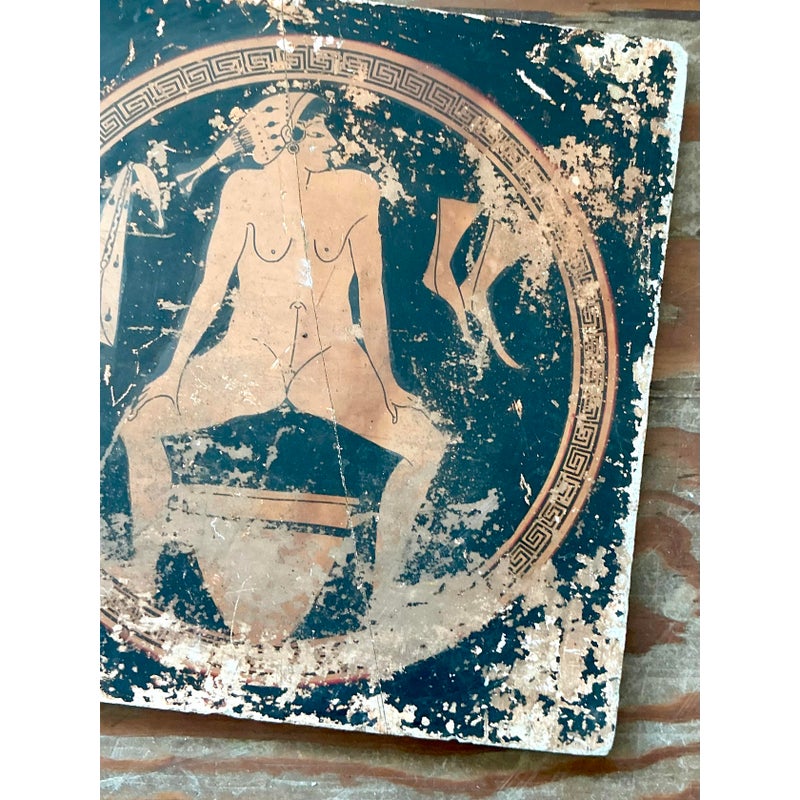 Vintage Neoclassical Greek Erotic Art Distressed Plaster Panel - Wood, 14.25W x 14.25H - Top view