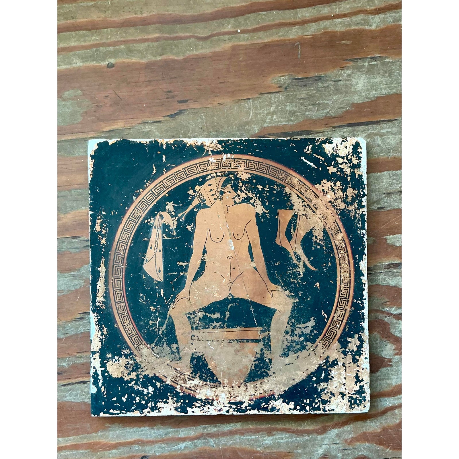 Vintage Neoclassical Greek Erotic Art Distressed Plaster Panel - Wood, 14.25W x 14.25H - Back view
