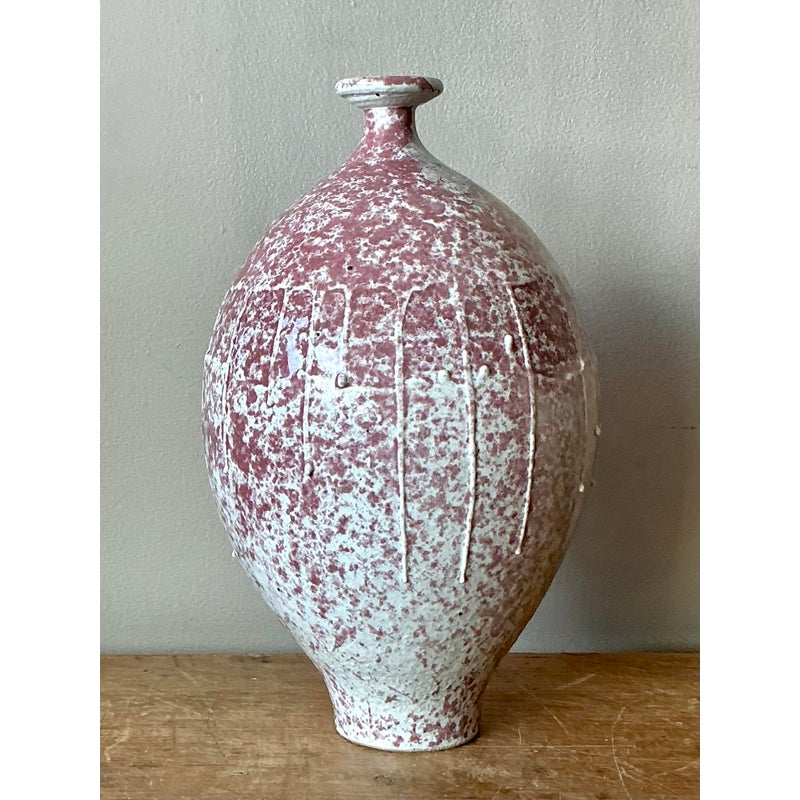 Vintage Boho Studio Pottery Vase - Ceramic, 6.25W x 11.75H - Back view