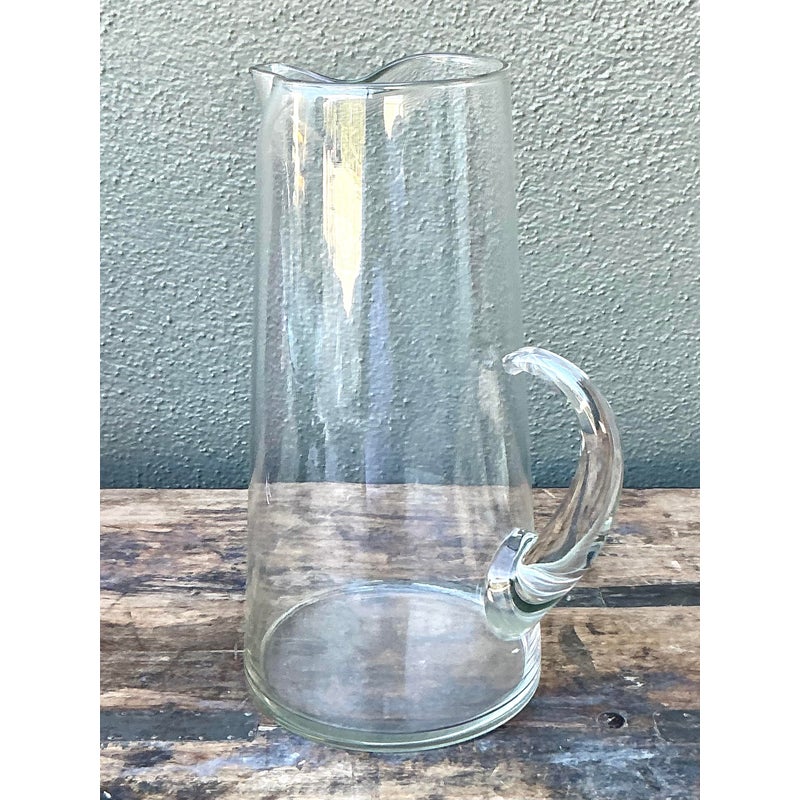 Vintage Boho Blown Glass Pitcher - Glass, 7.5W x 12H - Side view