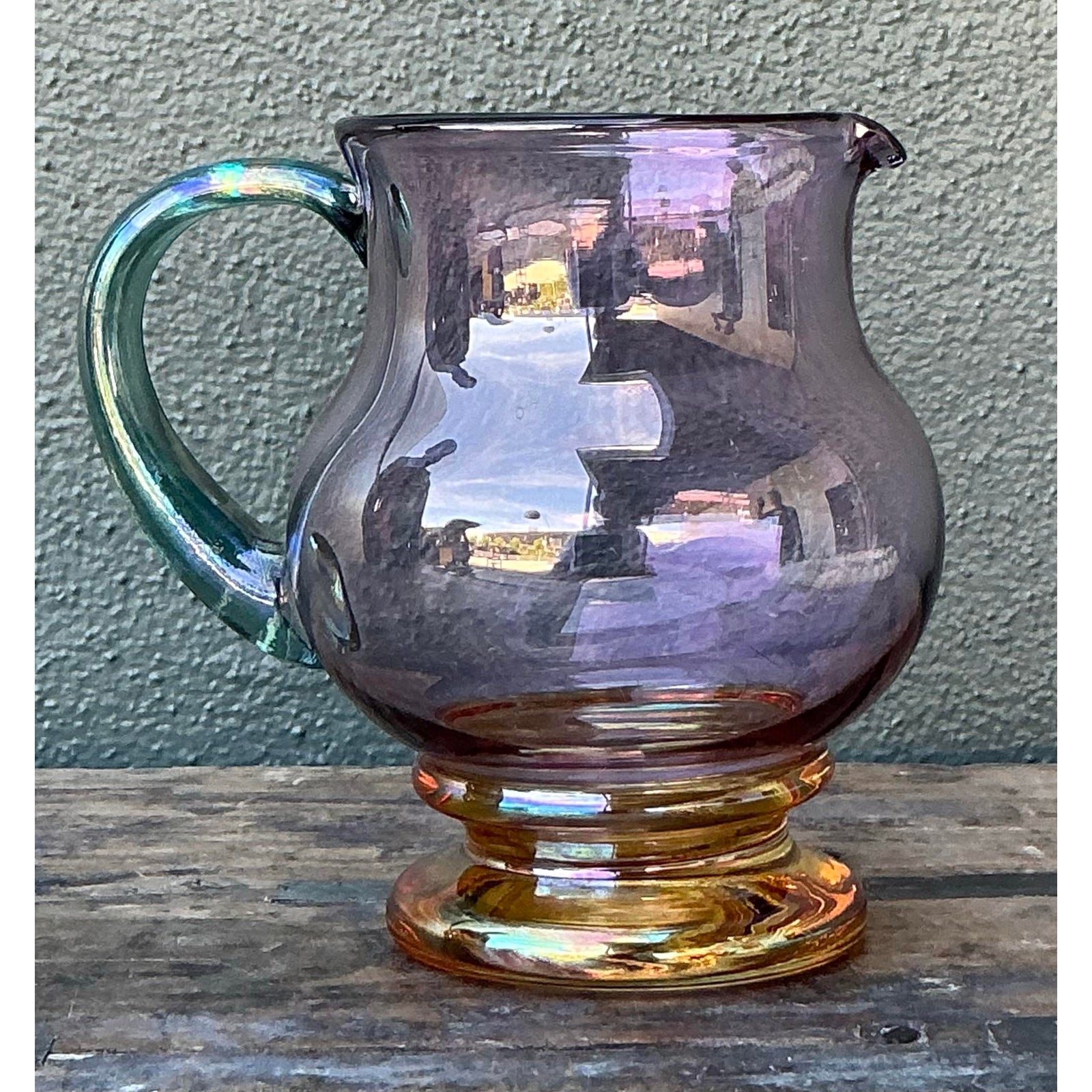 Vintage Boho Iridescent Glass Pitcher - Side view