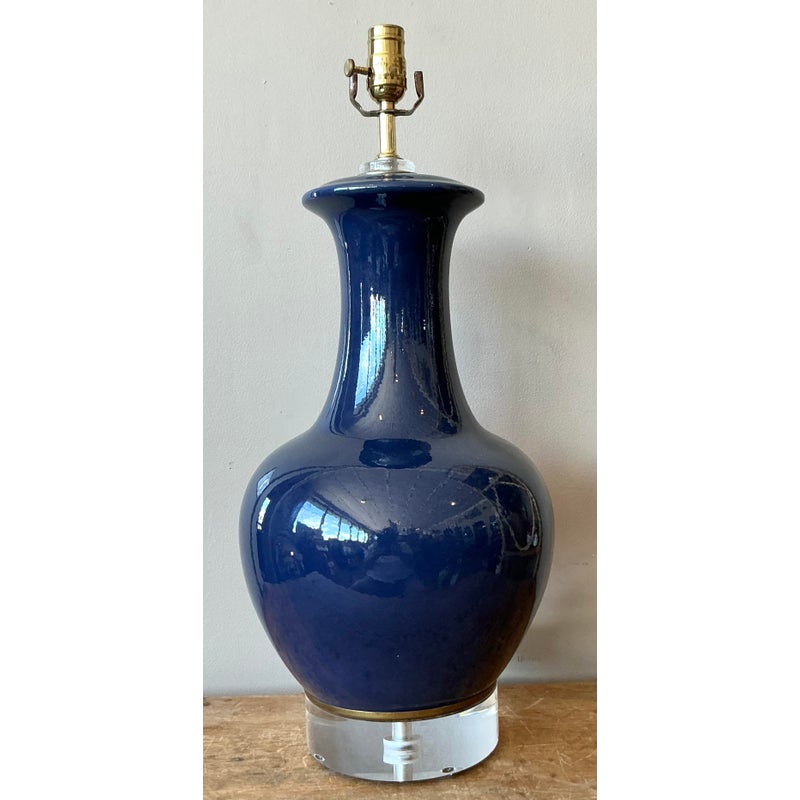 Vintage Regency Glazed Ceramic Bottle Lamp on Lucite Plinth - Back view