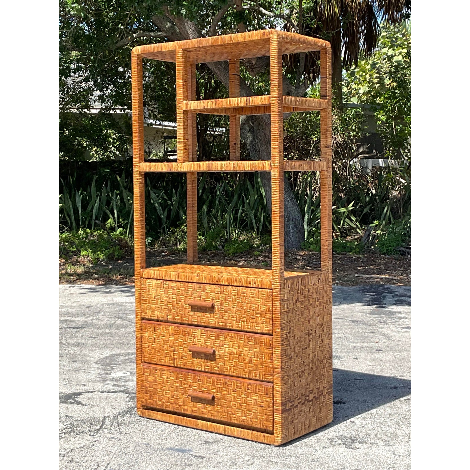 Vintage Coastal Woven Rattan Etagere - Top view