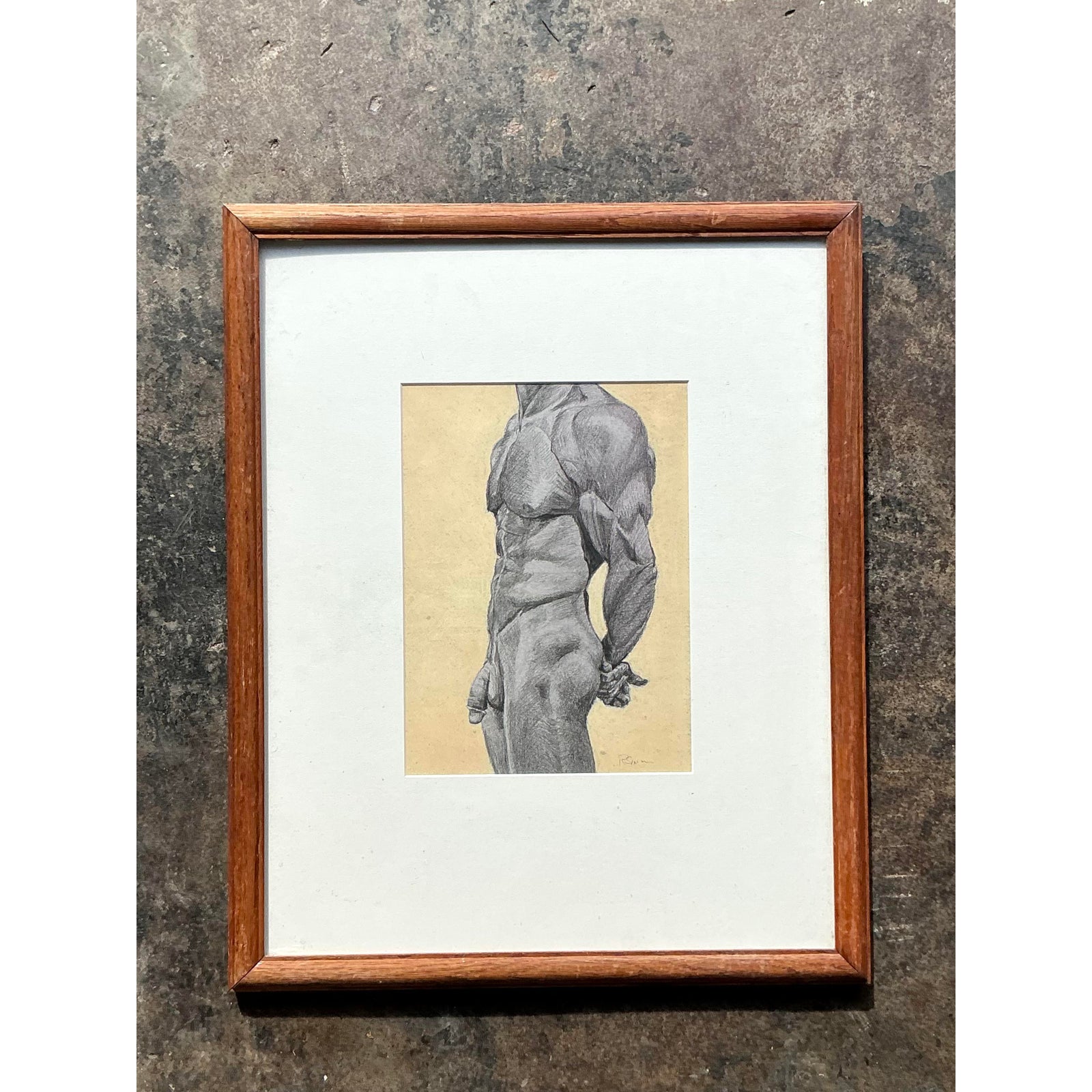 Vintage Boho Pencil Sketch Print of Male Nude - Top view
