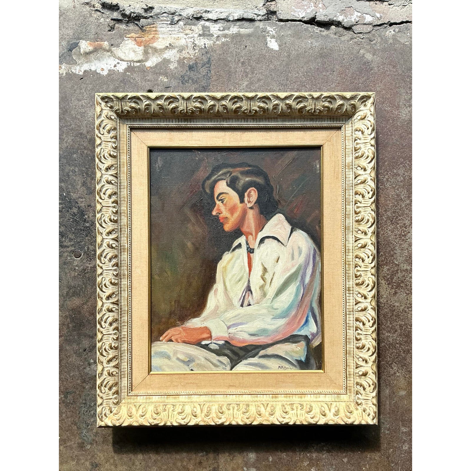 Vintage Boho Spanish Original Oil Portrait of Man - Back view