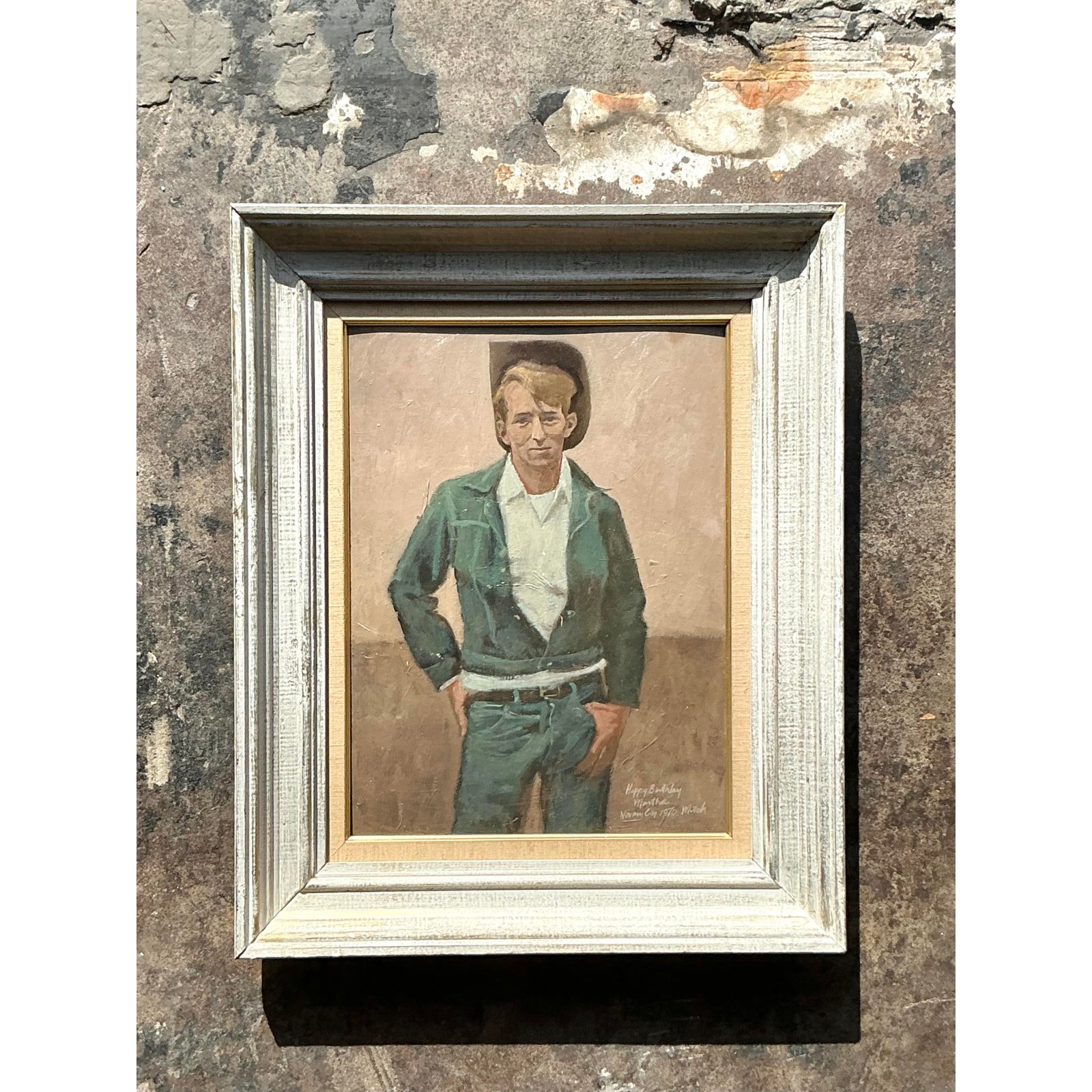 Vintage Boho Original Oil Portrait of Cowboy - Top view