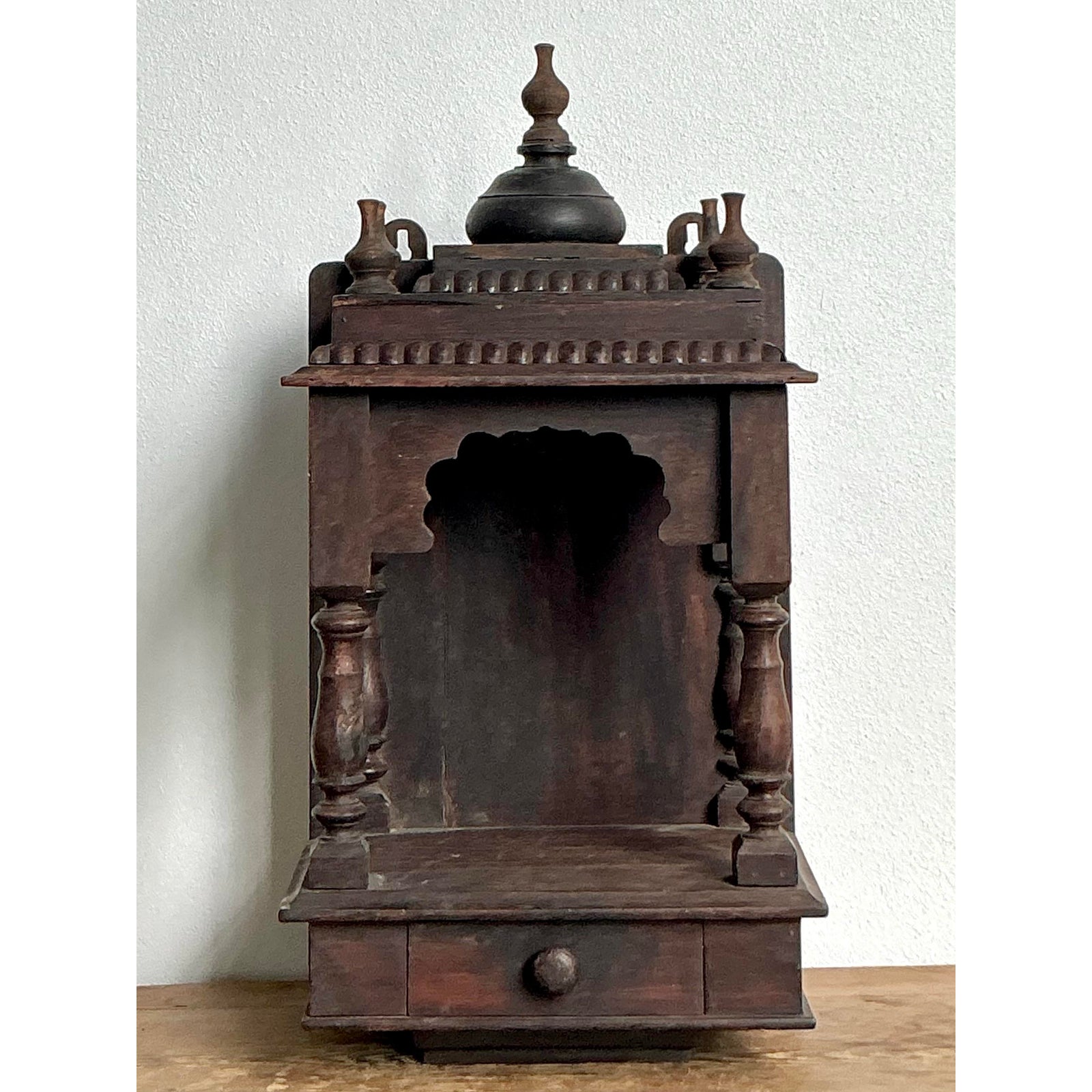 Vintage Boho Carved Wood Altar - Wood, 11W x 21.75H - Detail view