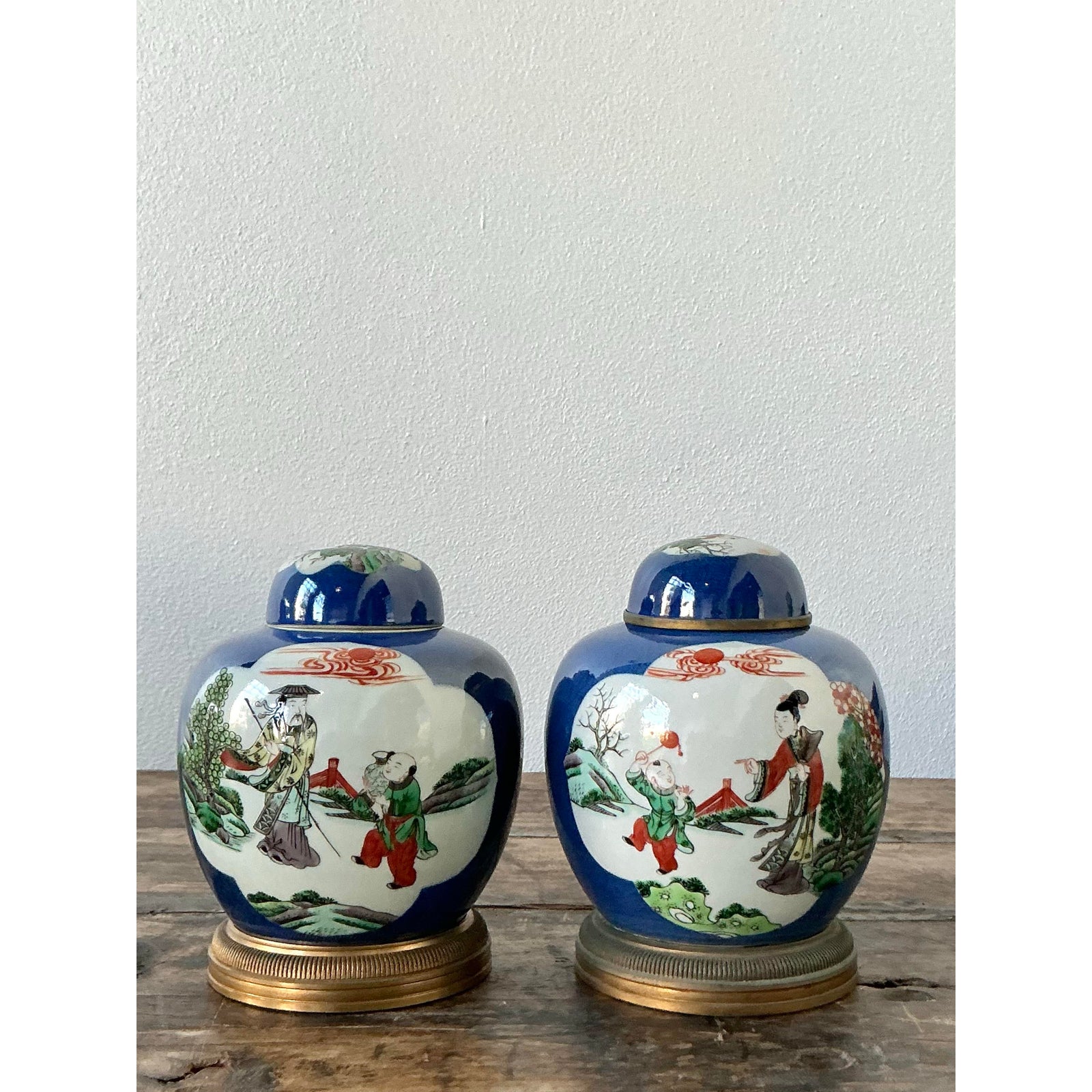 Vintage Asian Famile Verte Lidded Ceramic Jars - A Pair - Side view
