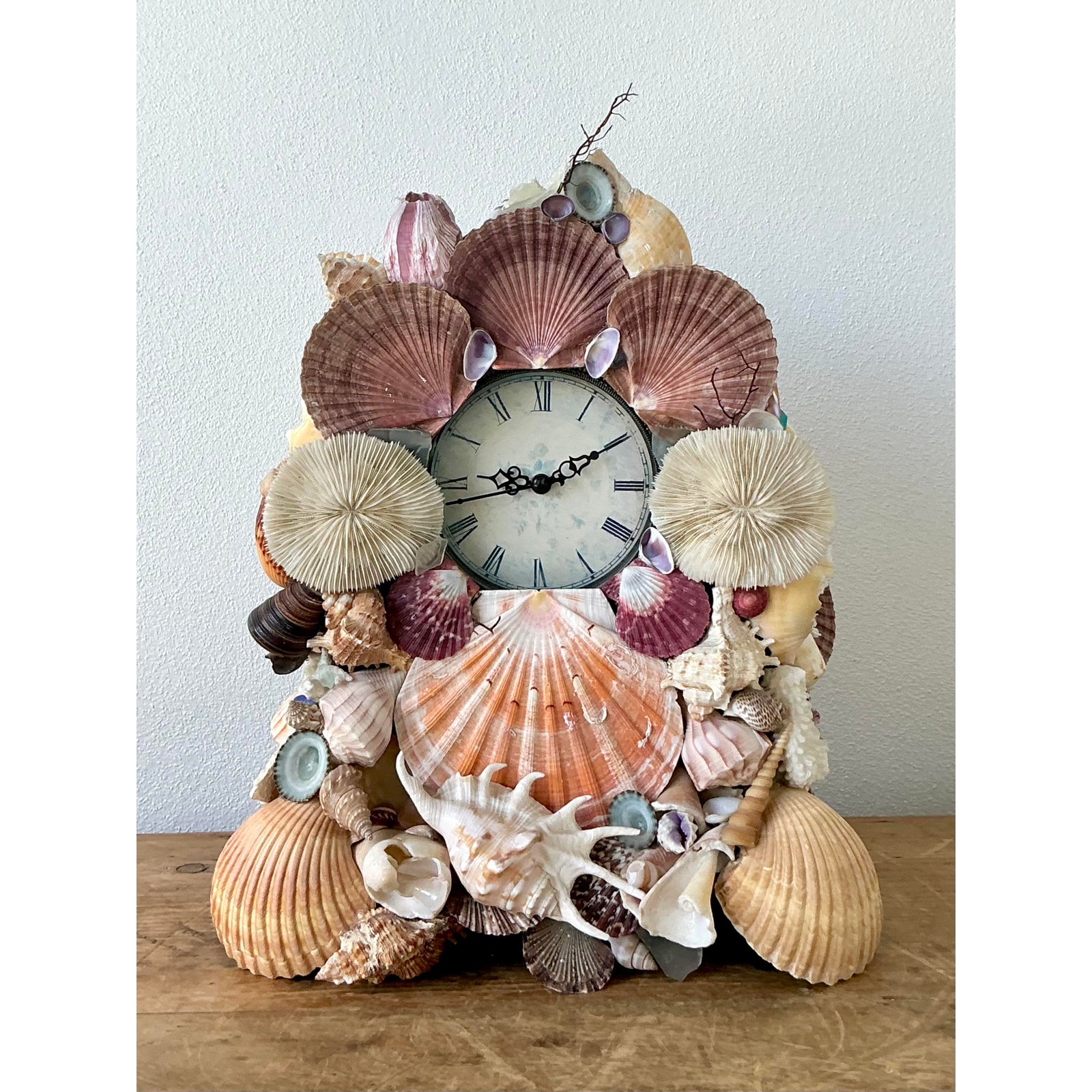 Vintage Boho Shell Encrusted Mantle Clock - Detail view