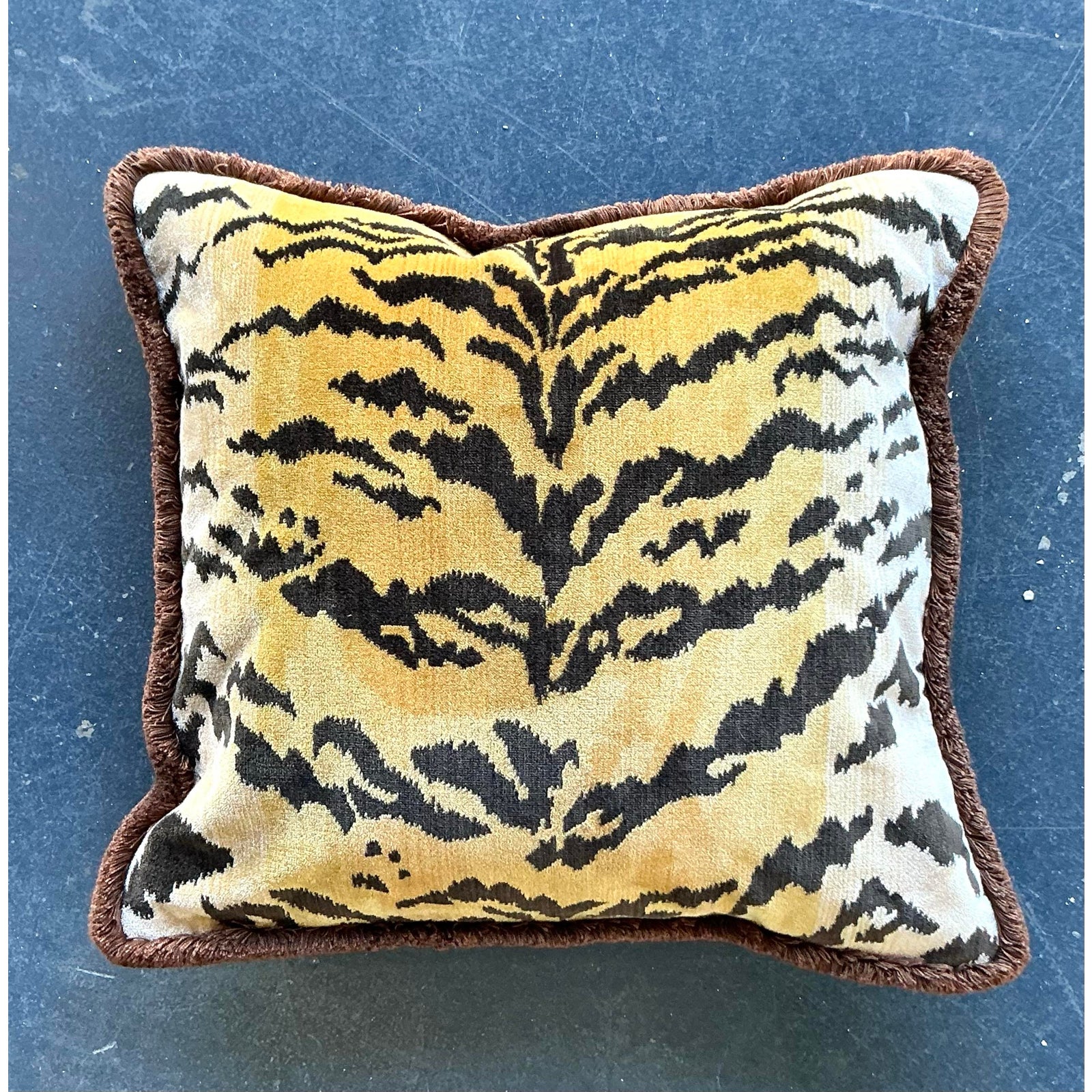 Vintage Regency Scalamandre “Le Tigre” Velvet Throw Pillow With Caterpillar Fringe - Back view