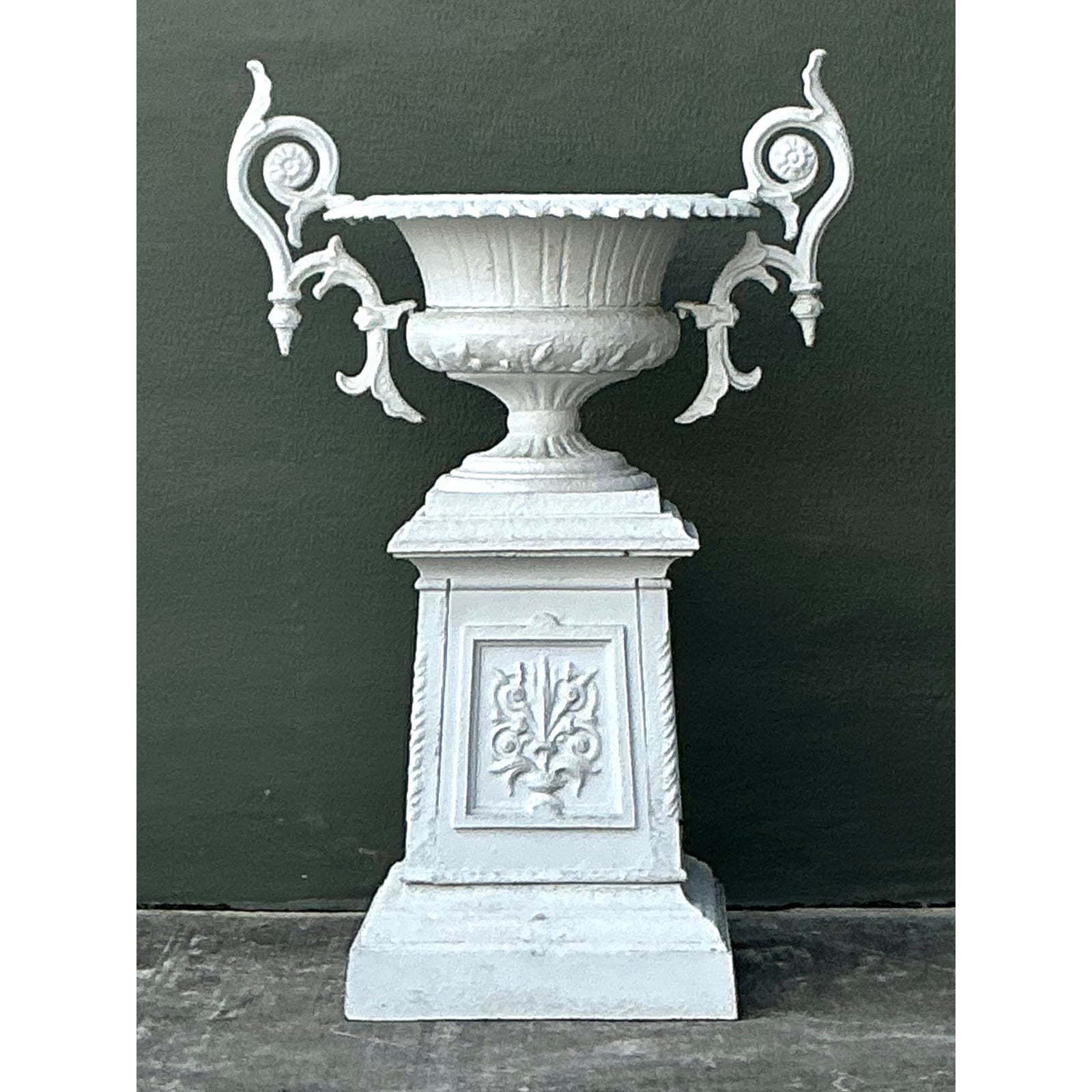 Vintage Regency Painted Wrought Iron Urn on Pedestal - Detail view