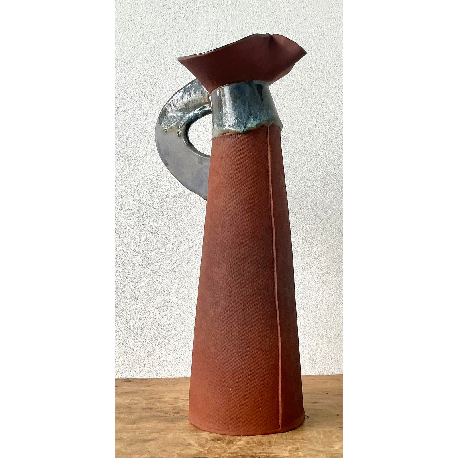 Vintage Boho Original Studio Pottery Pitcher - Ceramic, 7.75W x 16.25H - Side view