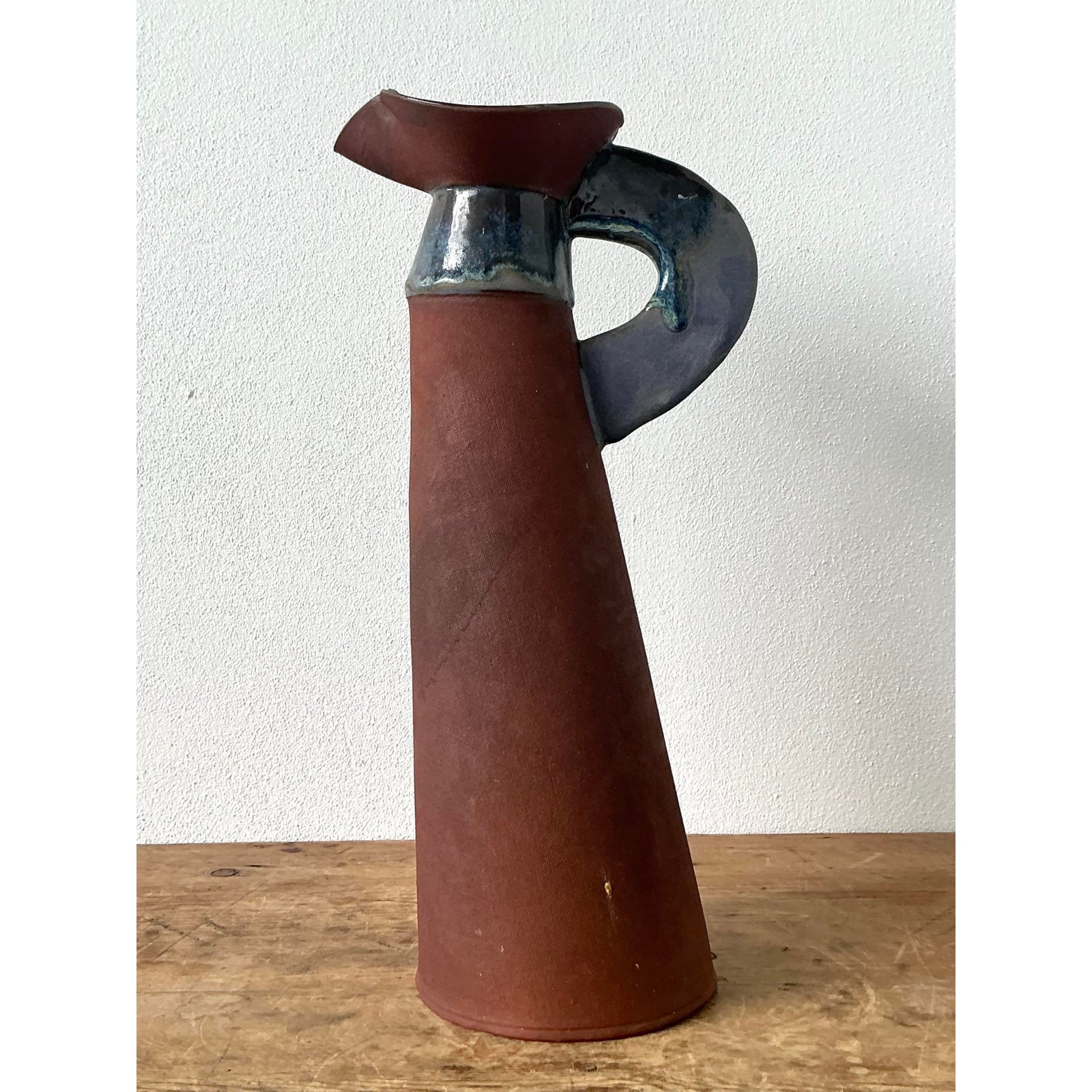 Vintage Boho Original Studio Pottery Pitcher - Ceramic, 7.75W x 16.25H - Top view