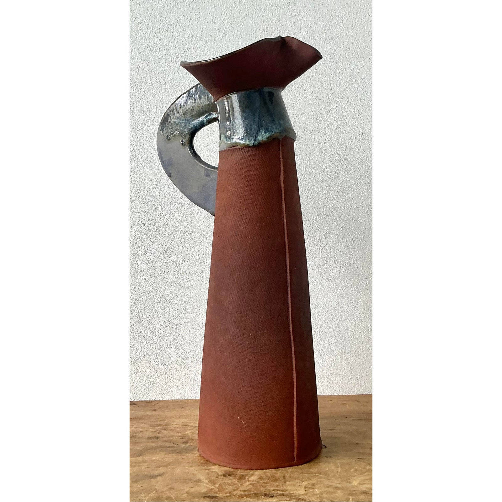 Vintage Boho Original Studio Pottery Pitcher - Ceramic, 7.75W x 16.25H - Detail view