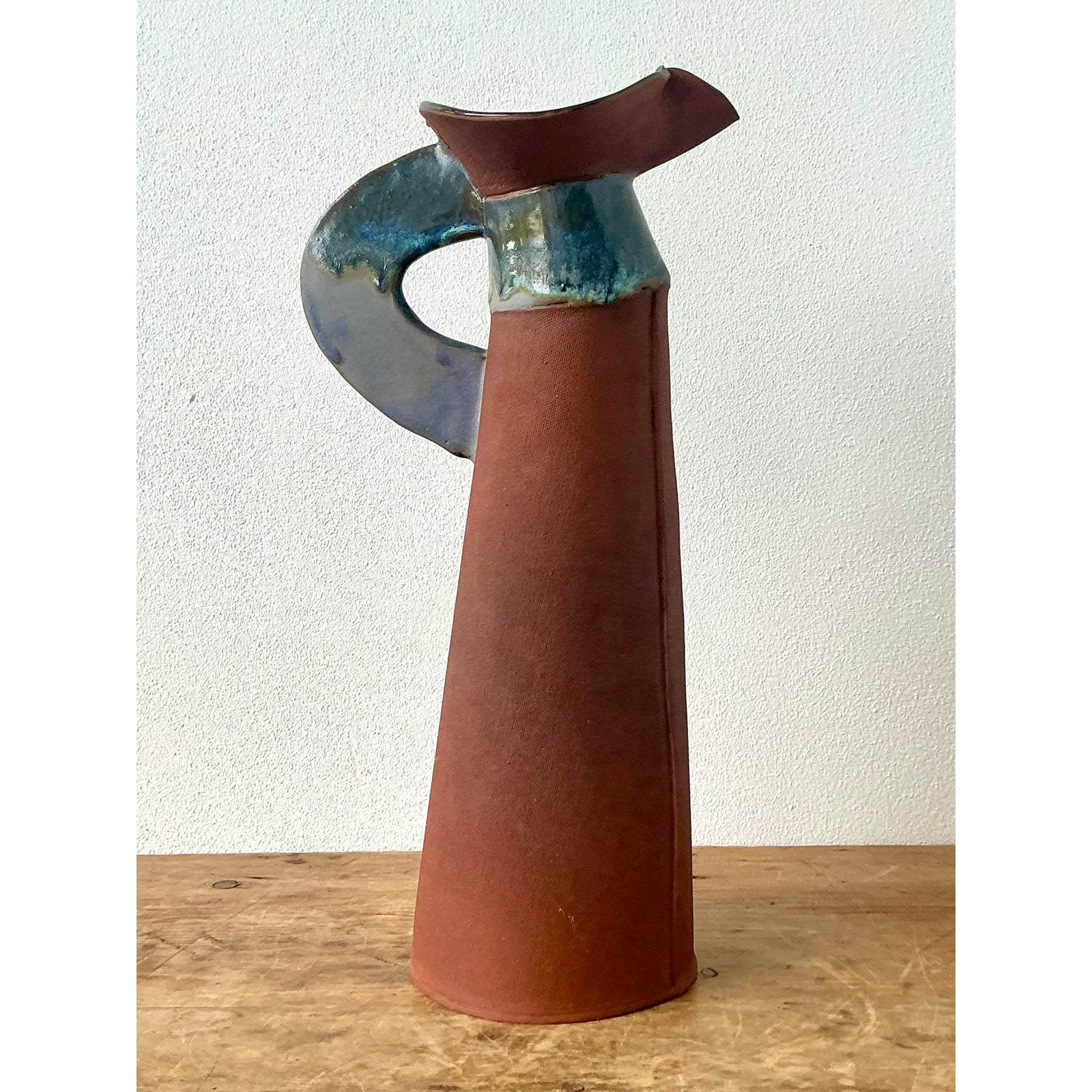 Vintage Boho Original Studio Pottery Pitcher - Ceramic, 7.75W x 16.25H - Back view