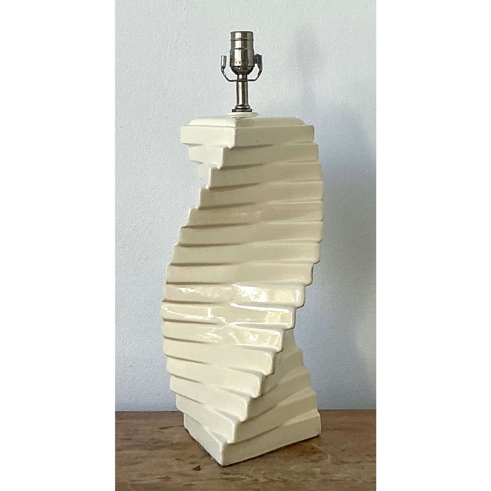 Vintage Boho Glazed Ceramic Twist Lamp - Side view