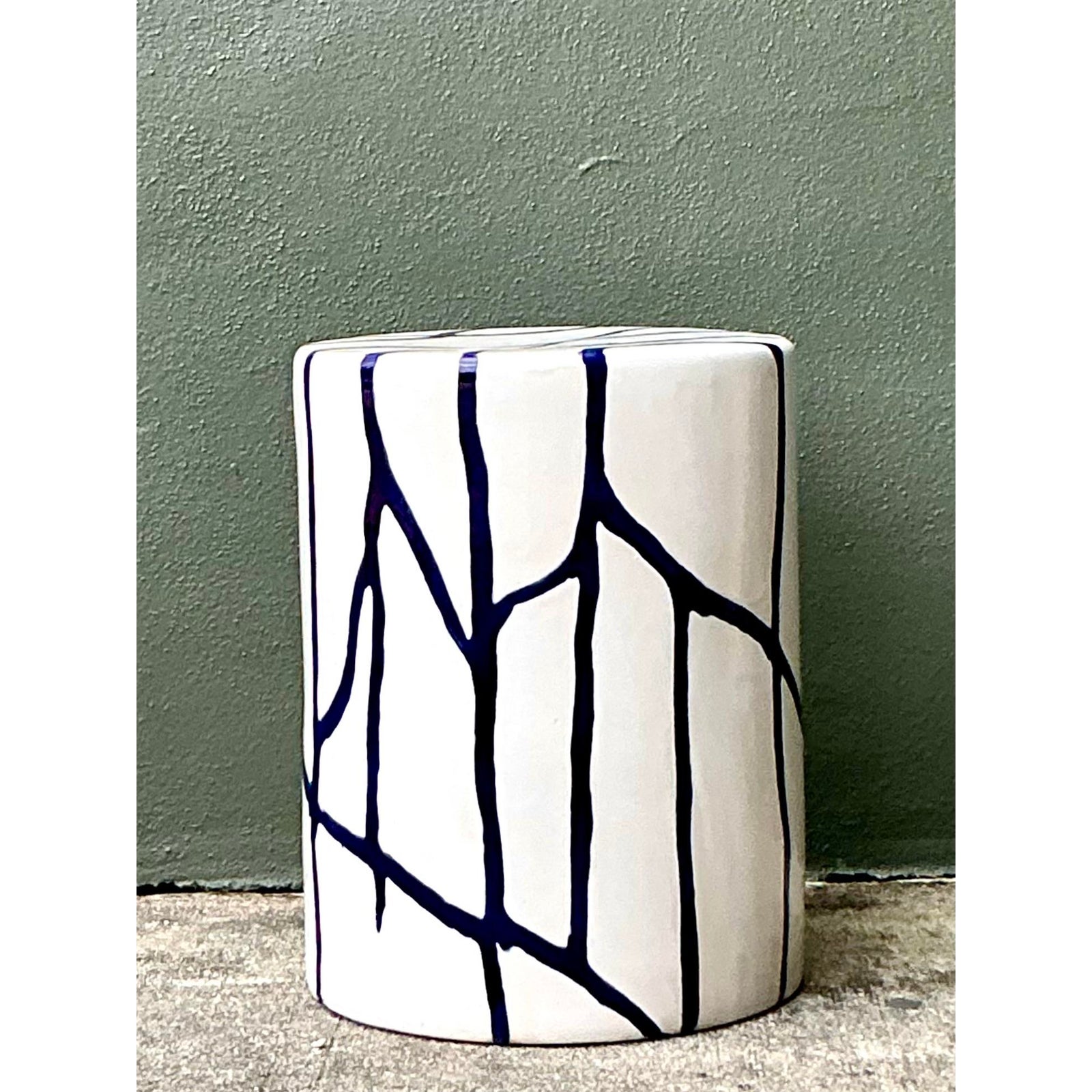 Vintage Boho Glazed Ceramic Low Stool - Top view