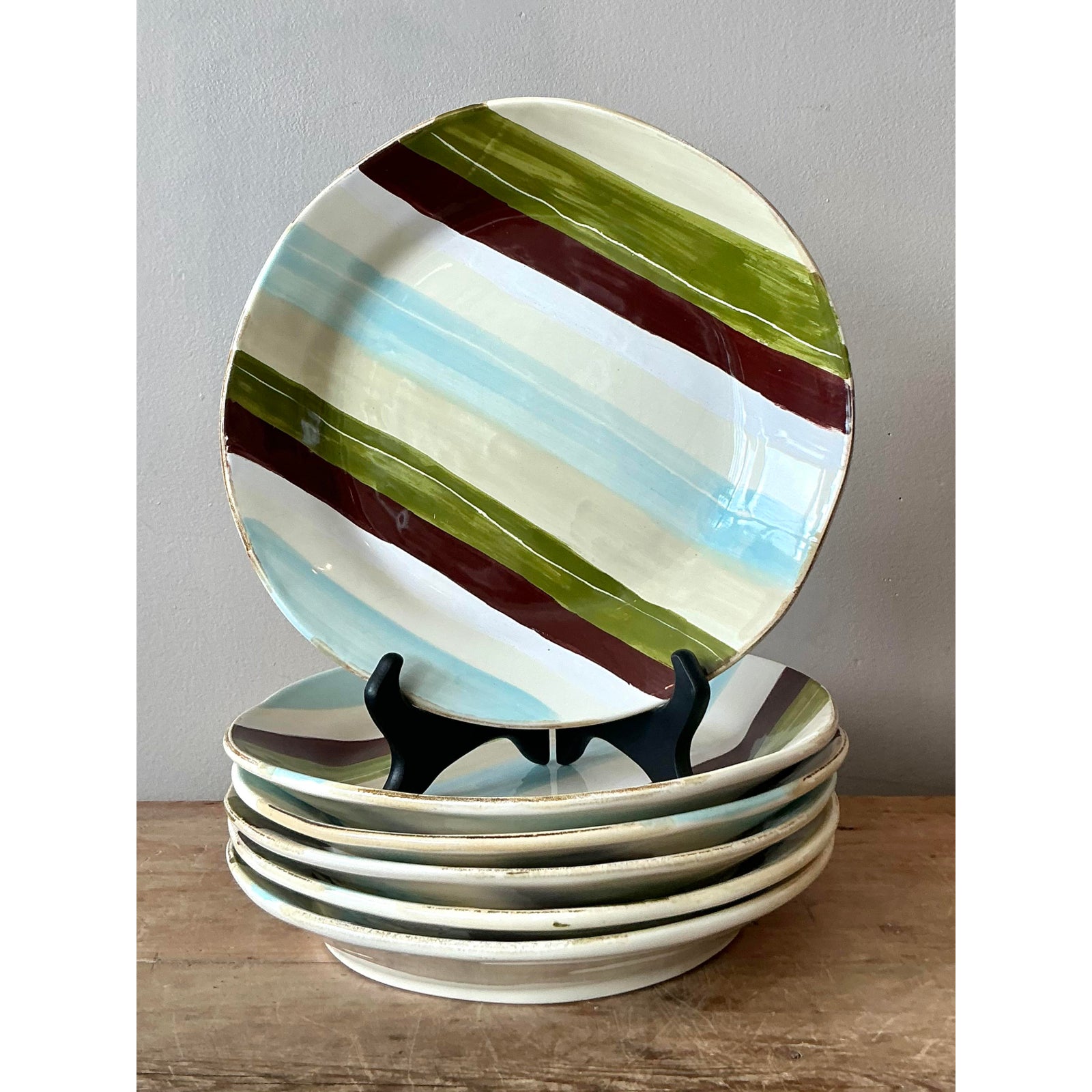 Vintage Italian Vietri Glazed Ceramic Dinner Plates - Set of 6 - Side view