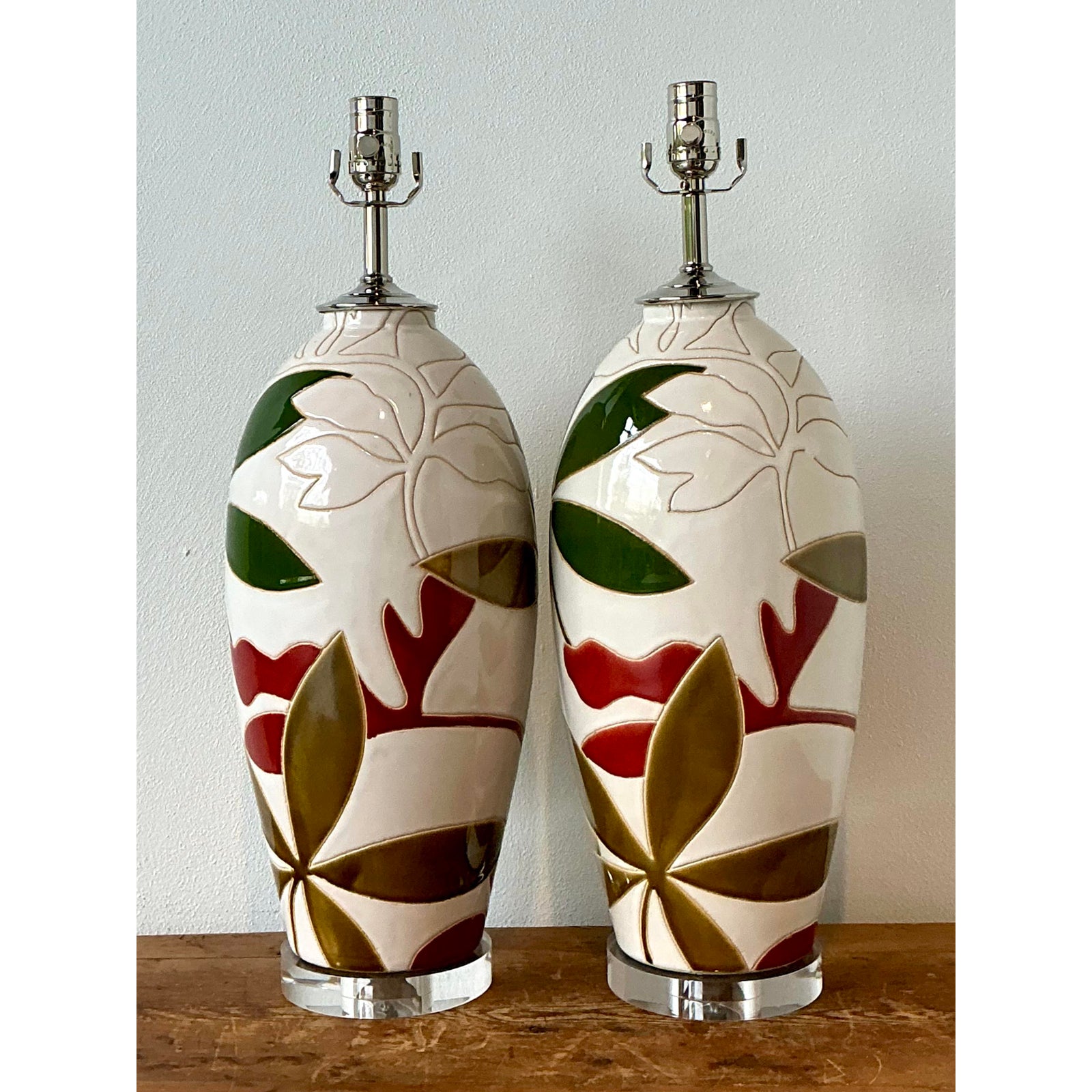Vintage Boho Etched Glazed Ceramic Lamps - A Pair - Top view