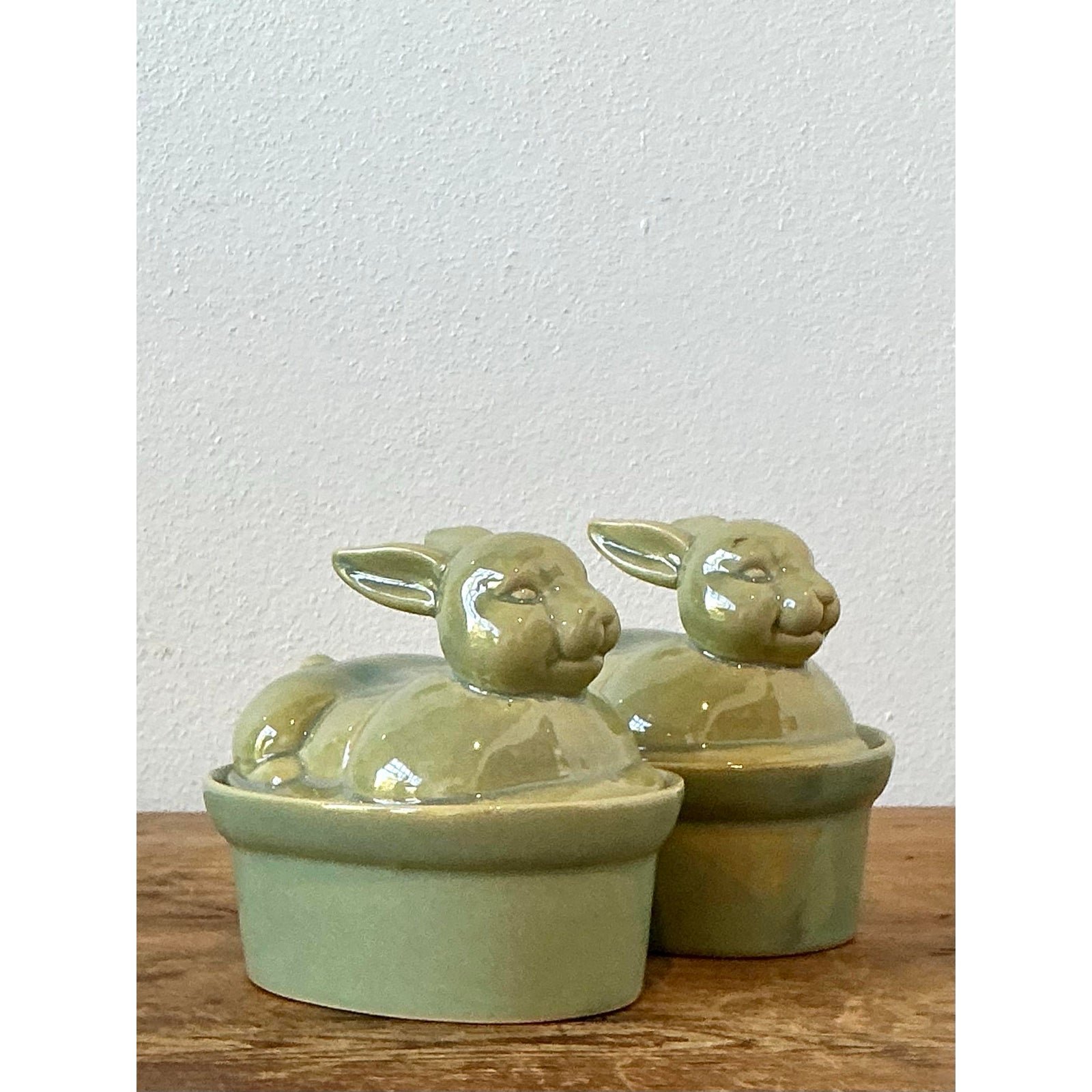 Vintage Boho Petite Bunny Lidded Casserole Dishes - A Pair - Side view