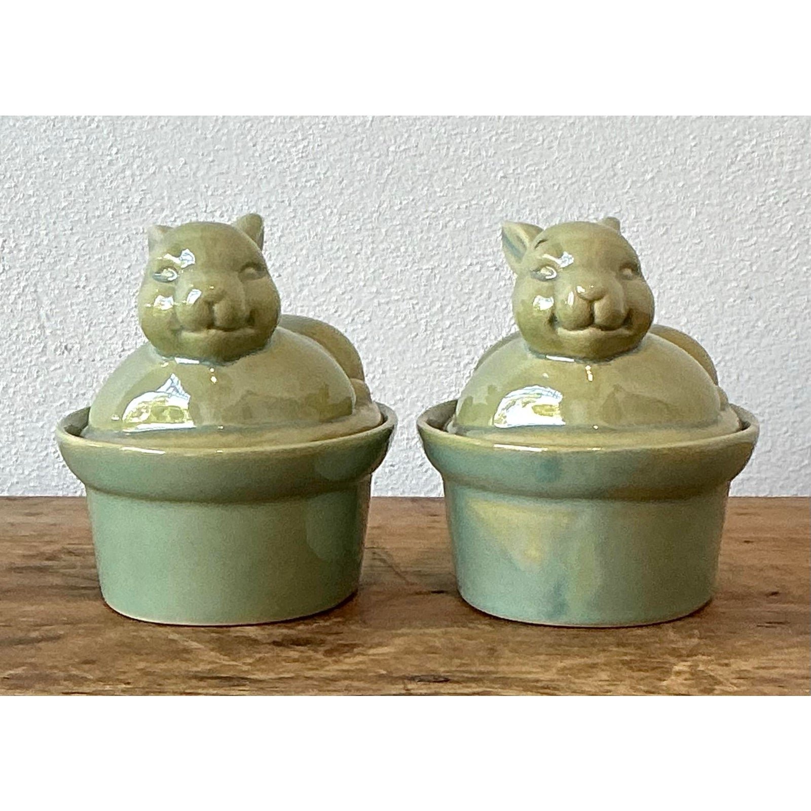 Vintage Boho Petite Bunny Lidded Casserole Dishes - A Pair - Top view