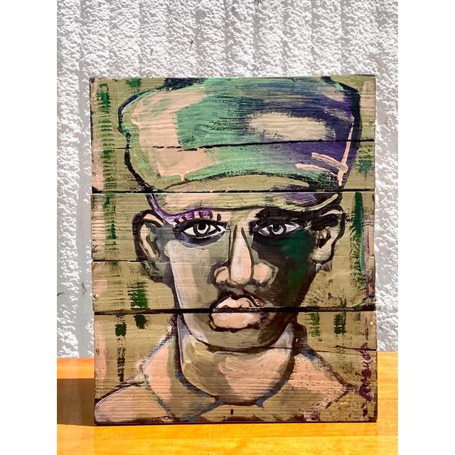 Contemporary Original Abstract Oil Portrait on Crate Signed Roland - Side view