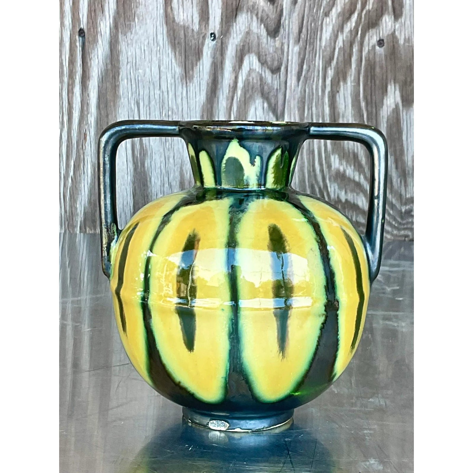 Vintage Boho Signed French Glazed Ceramic Vase - Back view